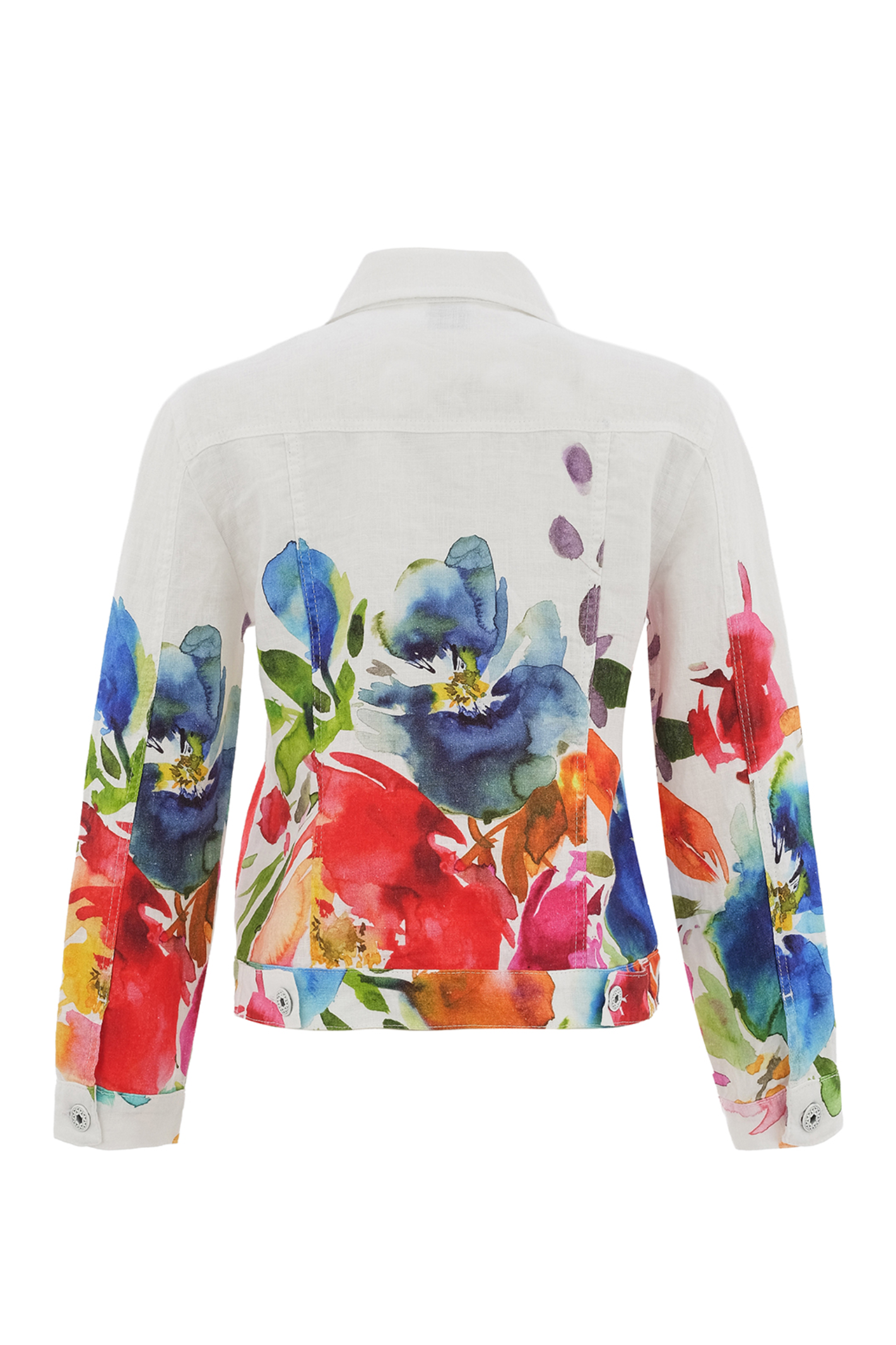 Back view of Dolcezza Floral Print Linen Jacket 26705 featuring vibrant watercolor floral patterns on white linen by Dolcezza, shop Dolcezza at Dotique