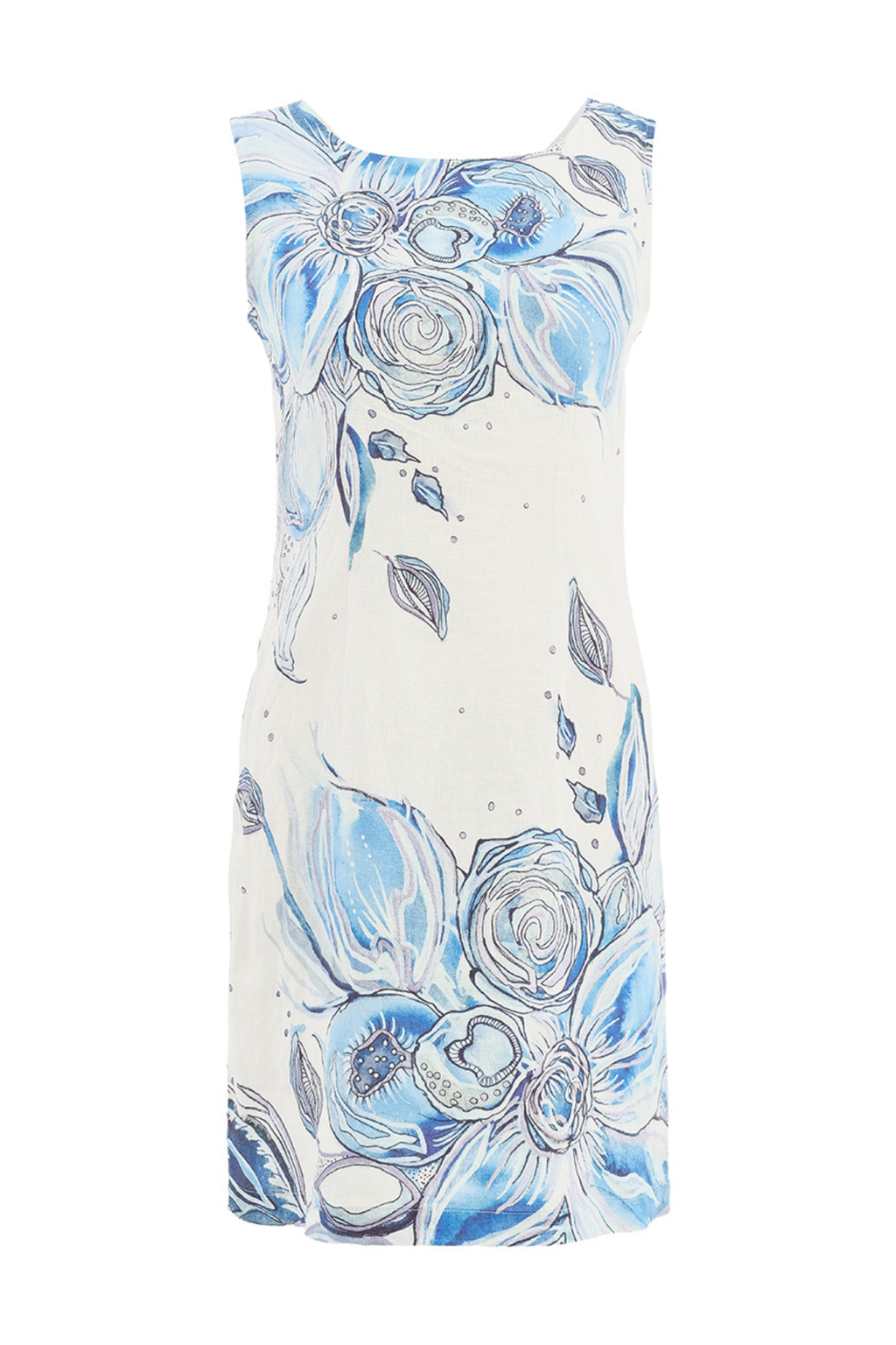 Sleeveless blue floral linen dress by Dolcezza. Lightweight, breathable and easy to wear for warm days and holidays. Shop now at Dotique.
