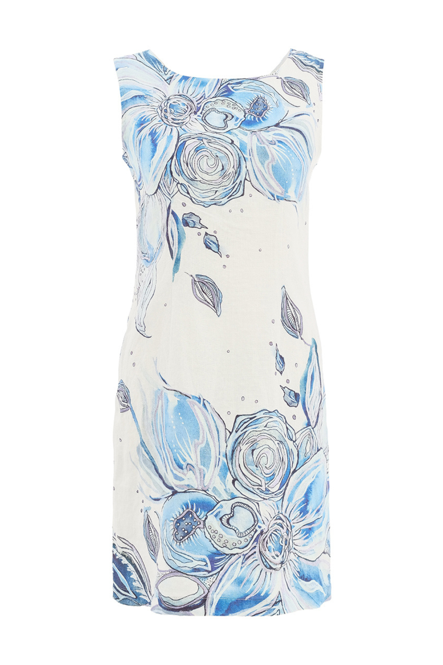 Sleeveless blue floral linen dress by Dolcezza. Lightweight, breathable and easy to wear for warm days and holidays. Shop now at Dotique.
