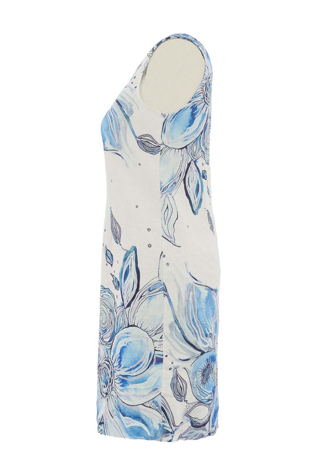 Sleeveless blue floral linen dress by Dolcezza. Lightweight, breathable and easy to wear for warm days and holidays. Shop now at Dotique.

