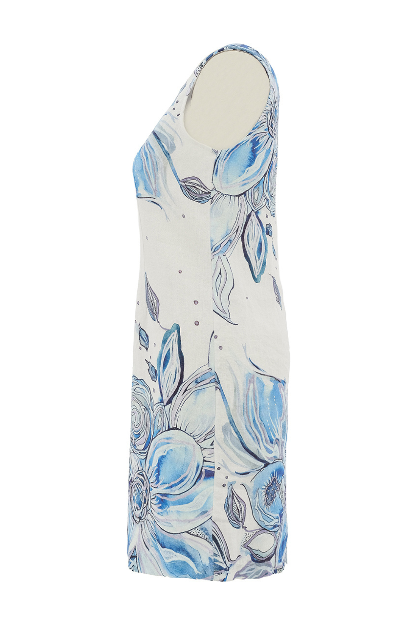 Sleeveless blue floral linen dress by Dolcezza. Lightweight, breathable and easy to wear for warm days and holidays. Shop now at Dotique.
