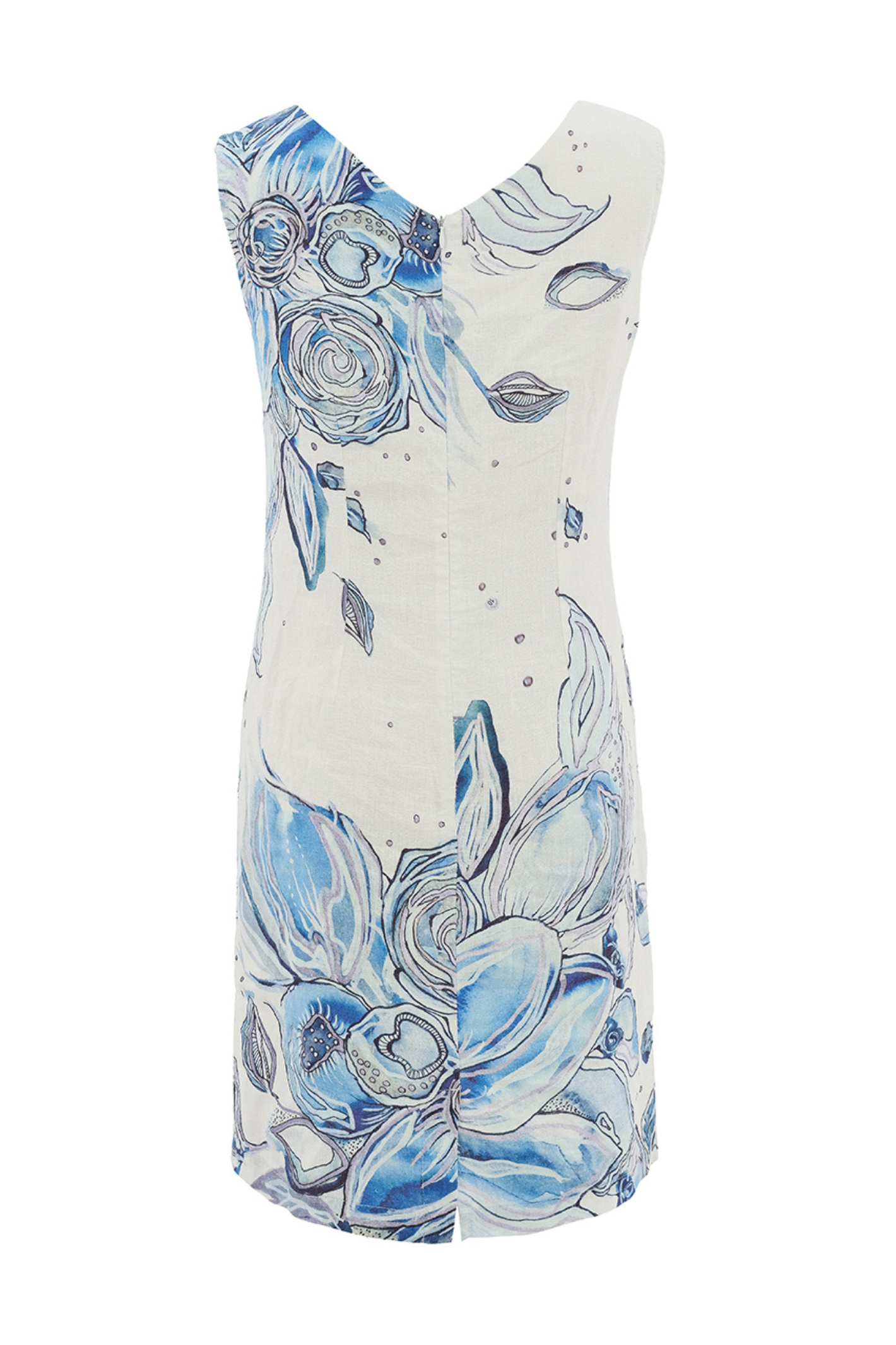 Sleeveless blue floral linen dress by Dolcezza. Lightweight, breathable and easy to wear for warm days and holidays. Shop now at Dotique.
