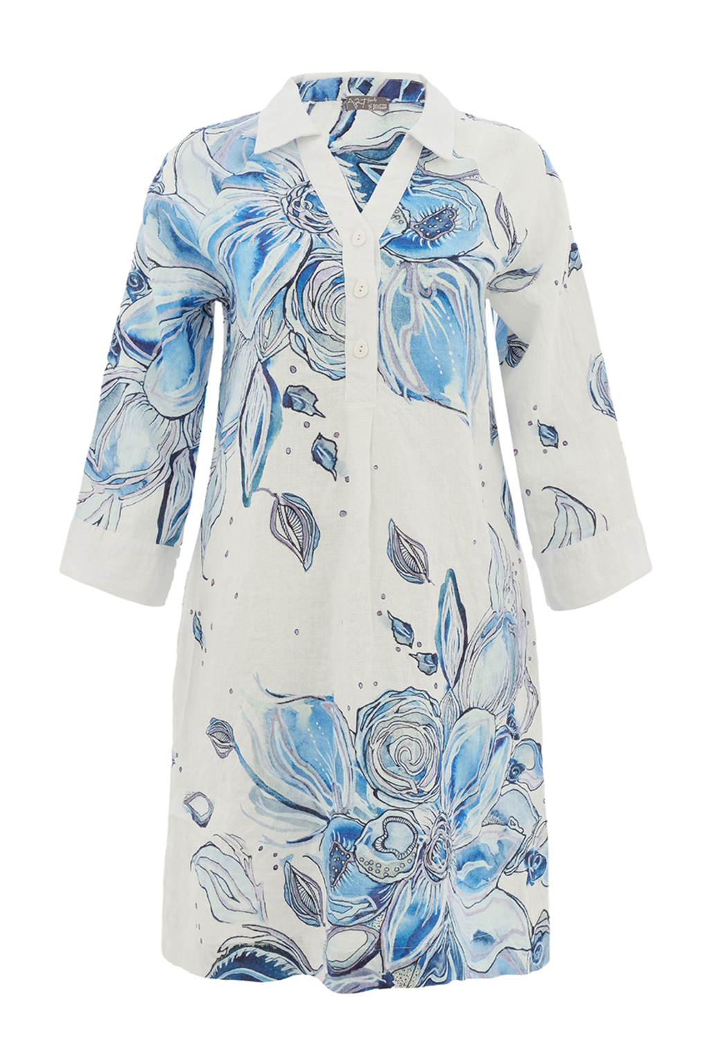Lightweight blue floral linen dress by Dolcezza. Relaxed fit with a notched neckline and 3/4 sleeves, perfect for warm days. Shop online at Dotique.