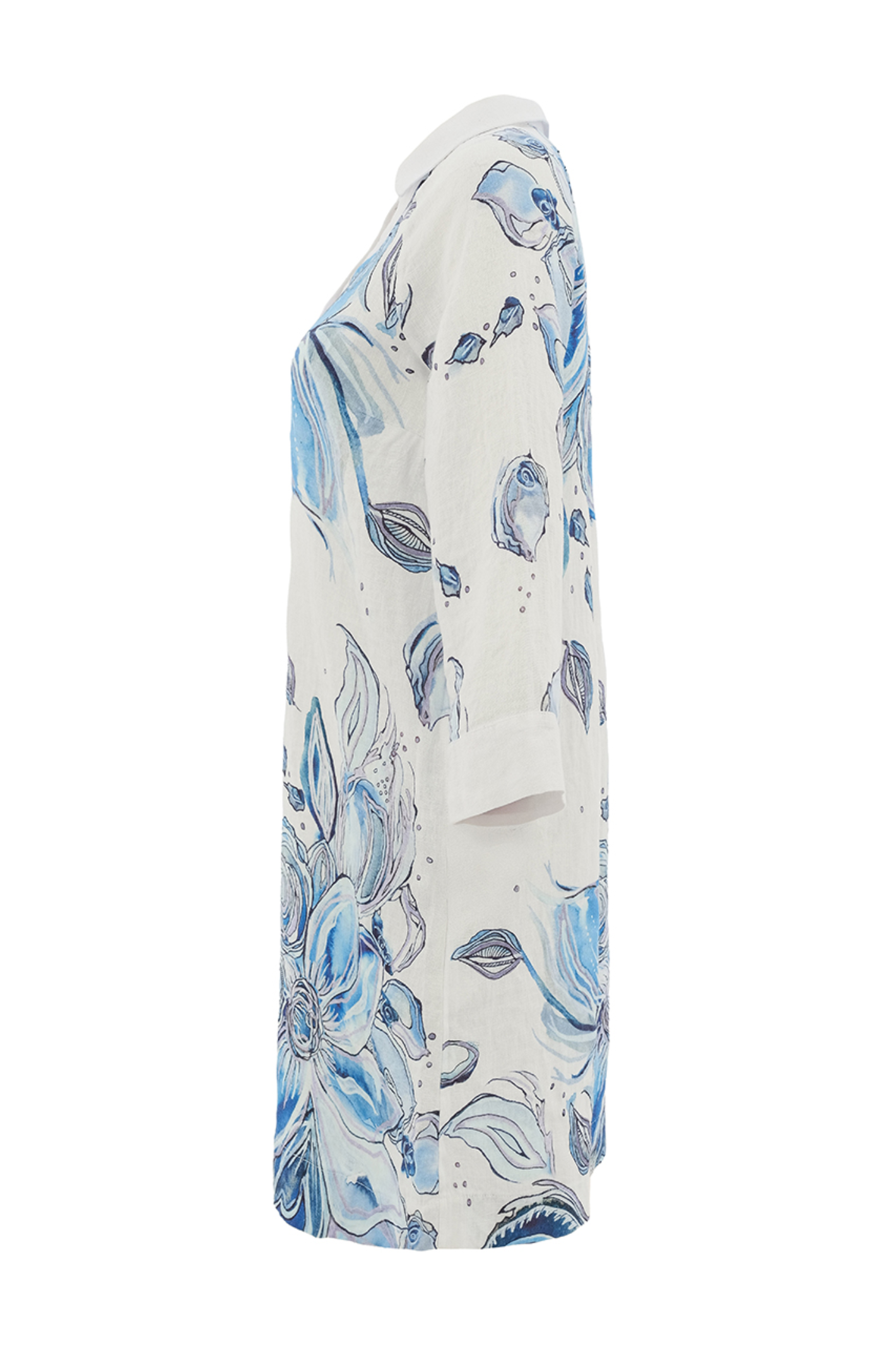 Lightweight blue floral linen dress by Dolcezza. Relaxed fit with a notched neckline and 3/4 sleeves, perfect for warm days. Shop online at Dotique.