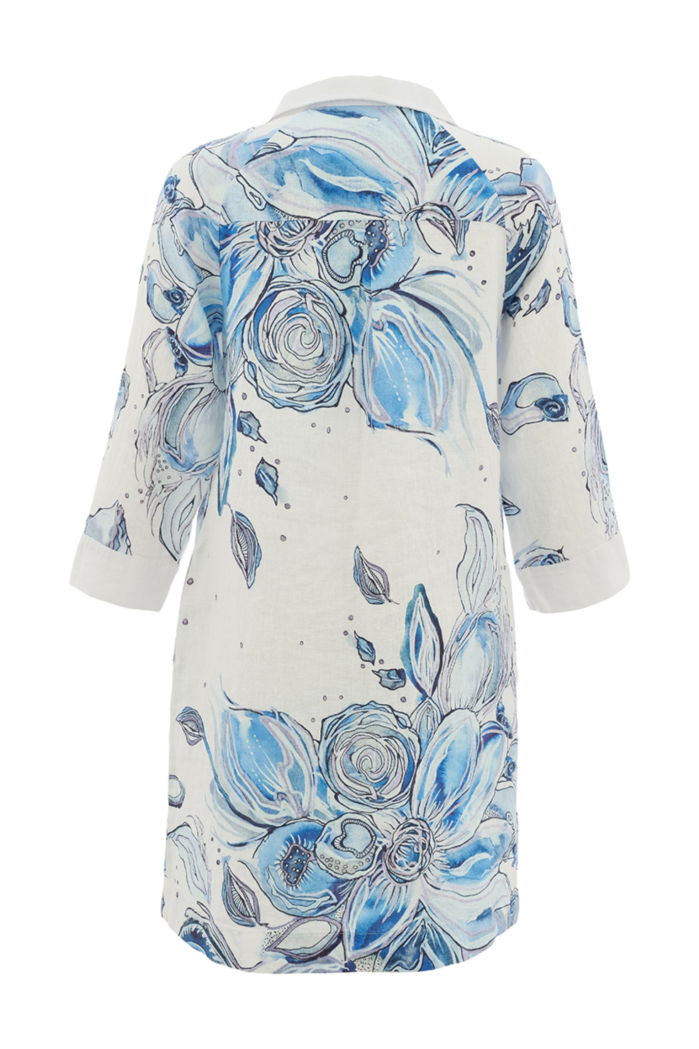 Lightweight blue floral linen dress by Dolcezza. Relaxed fit with a notched neckline and 3/4 sleeves, perfect for warm days. Shop online at Dotique.