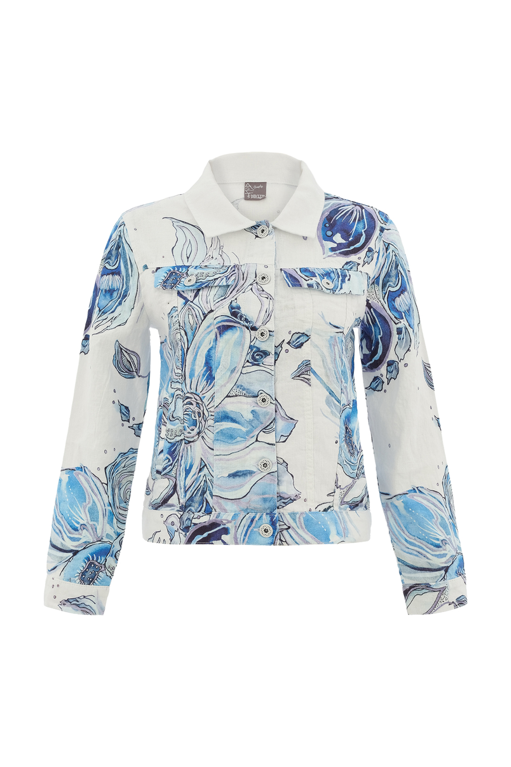Lightweight blue floral linen jacket by Dolcezza. Made from 100% linen with a relaxed fit, perfect for layering on warm days. Shop at Dotique.