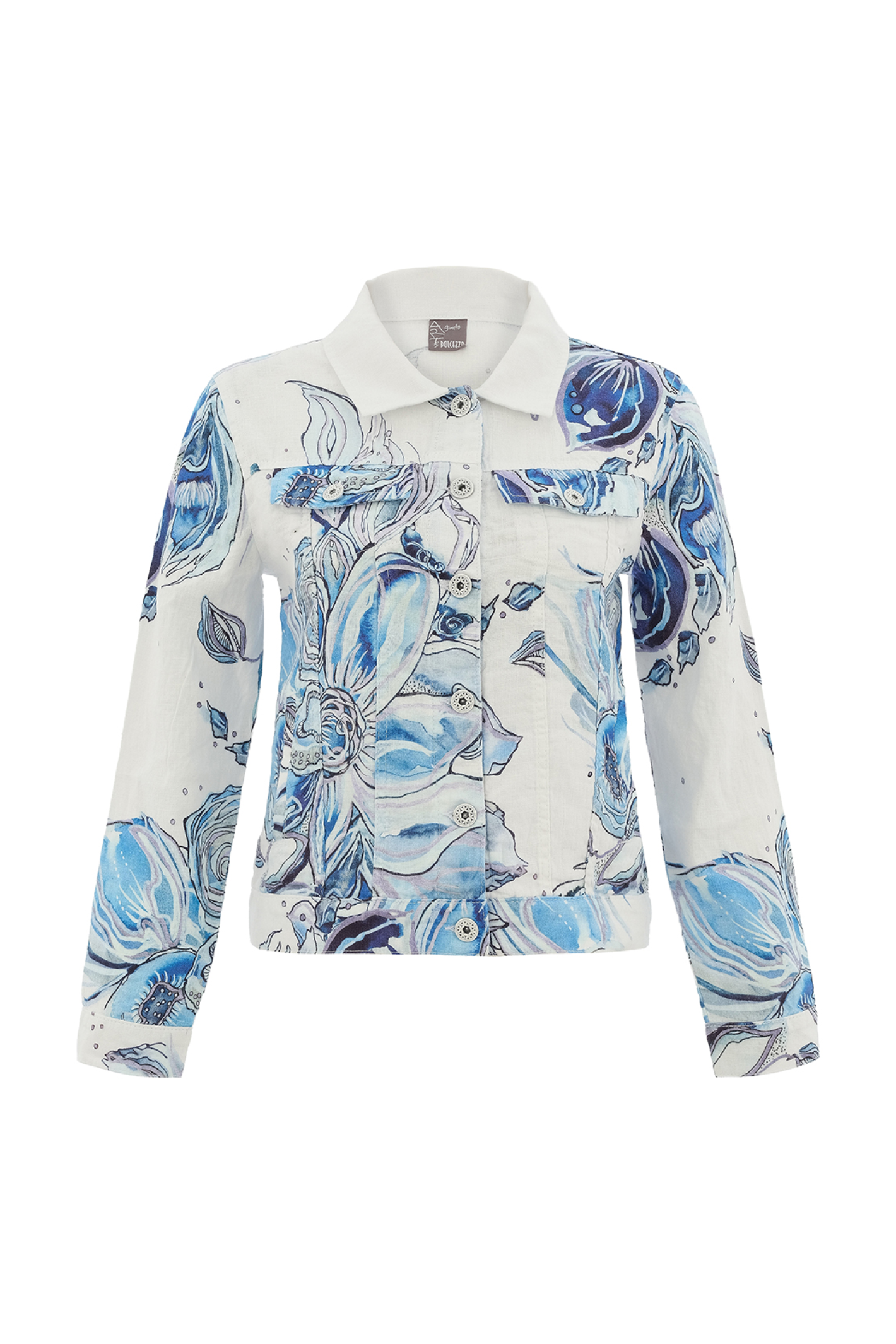 Lightweight blue floral linen jacket by Dolcezza. Made from 100% linen with a relaxed fit, perfect for layering on warm days. Shop at Dotique.