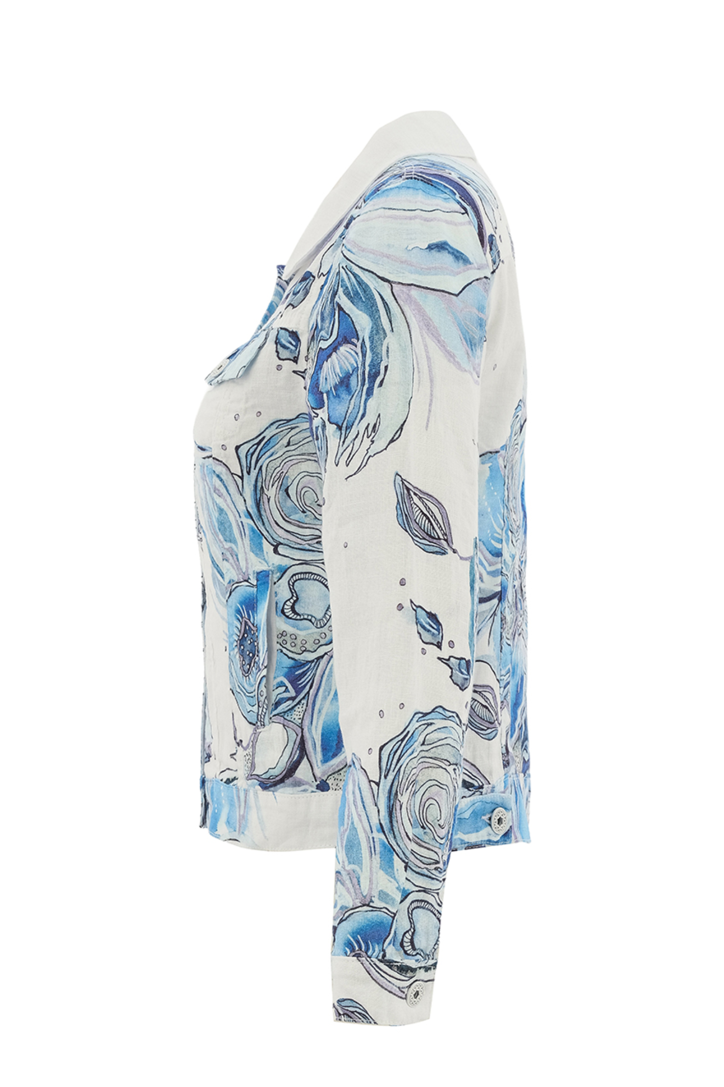 Lightweight blue floral linen jacket by Dolcezza. Made from 100% linen with a relaxed fit, perfect for layering on warm days. Shop at Dotique.