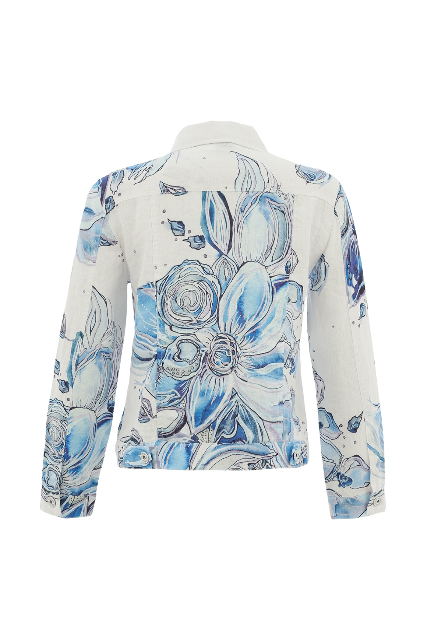 Lightweight blue floral linen jacket by Dolcezza. Made from 100% linen with a relaxed fit, perfect for layering on warm days. Shop at Dotique.