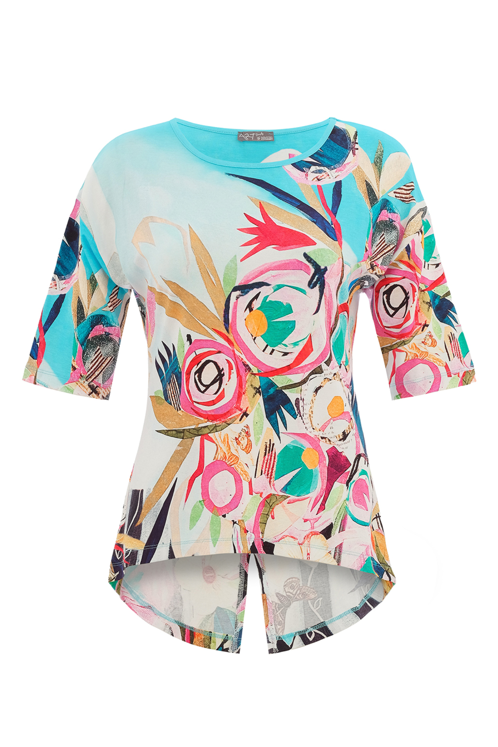 Colourful floral top by Dolcezza made from a soft cotton-stretch fabric. Relaxed fit with a flattering dipped hem, perfect for everyday wear. Shop at Dotique.