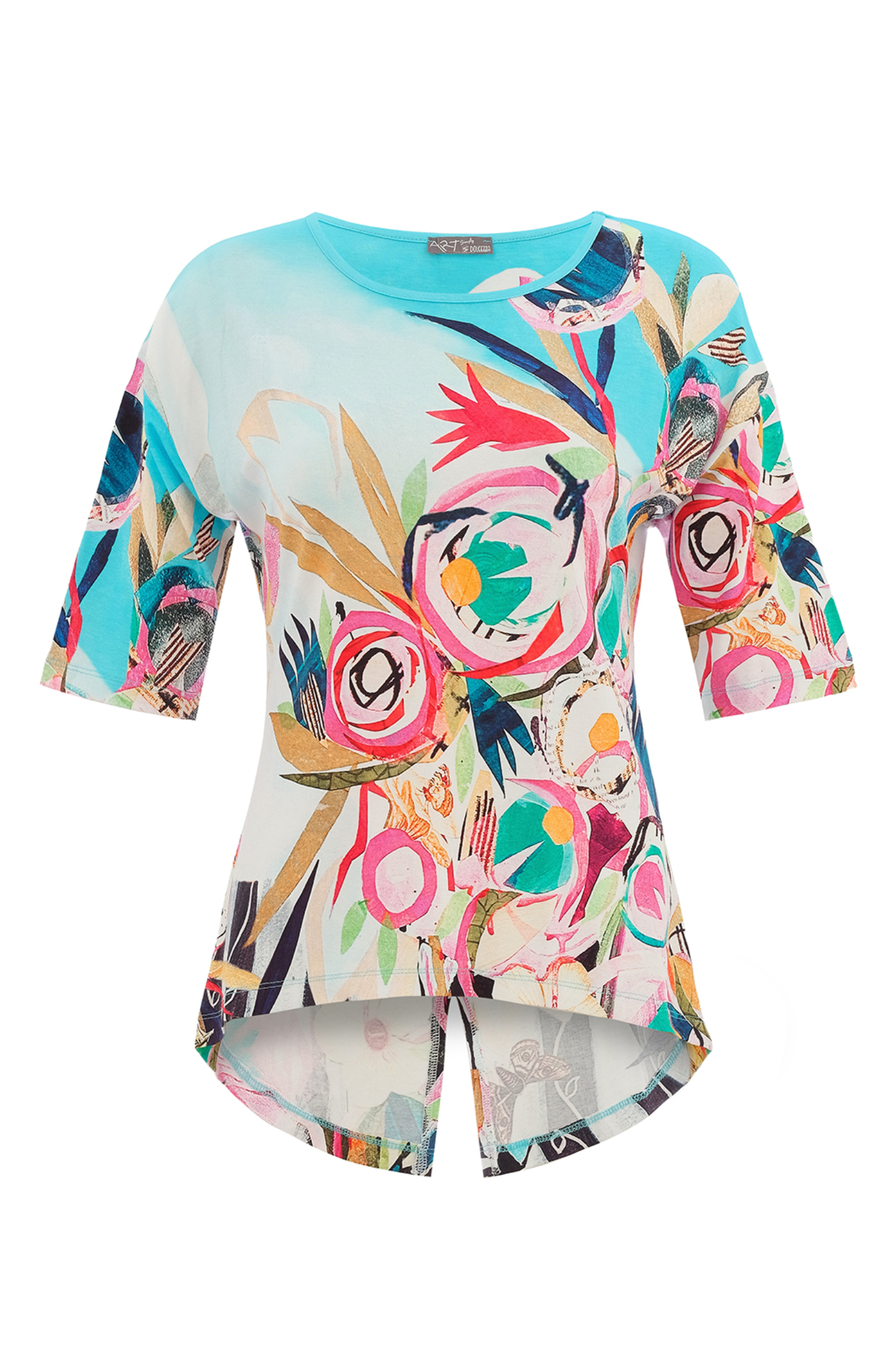 Colourful floral top by Dolcezza made from a soft cotton-stretch fabric. Relaxed fit with a flattering dipped hem, perfect for everyday wear. Shop at Dotique.