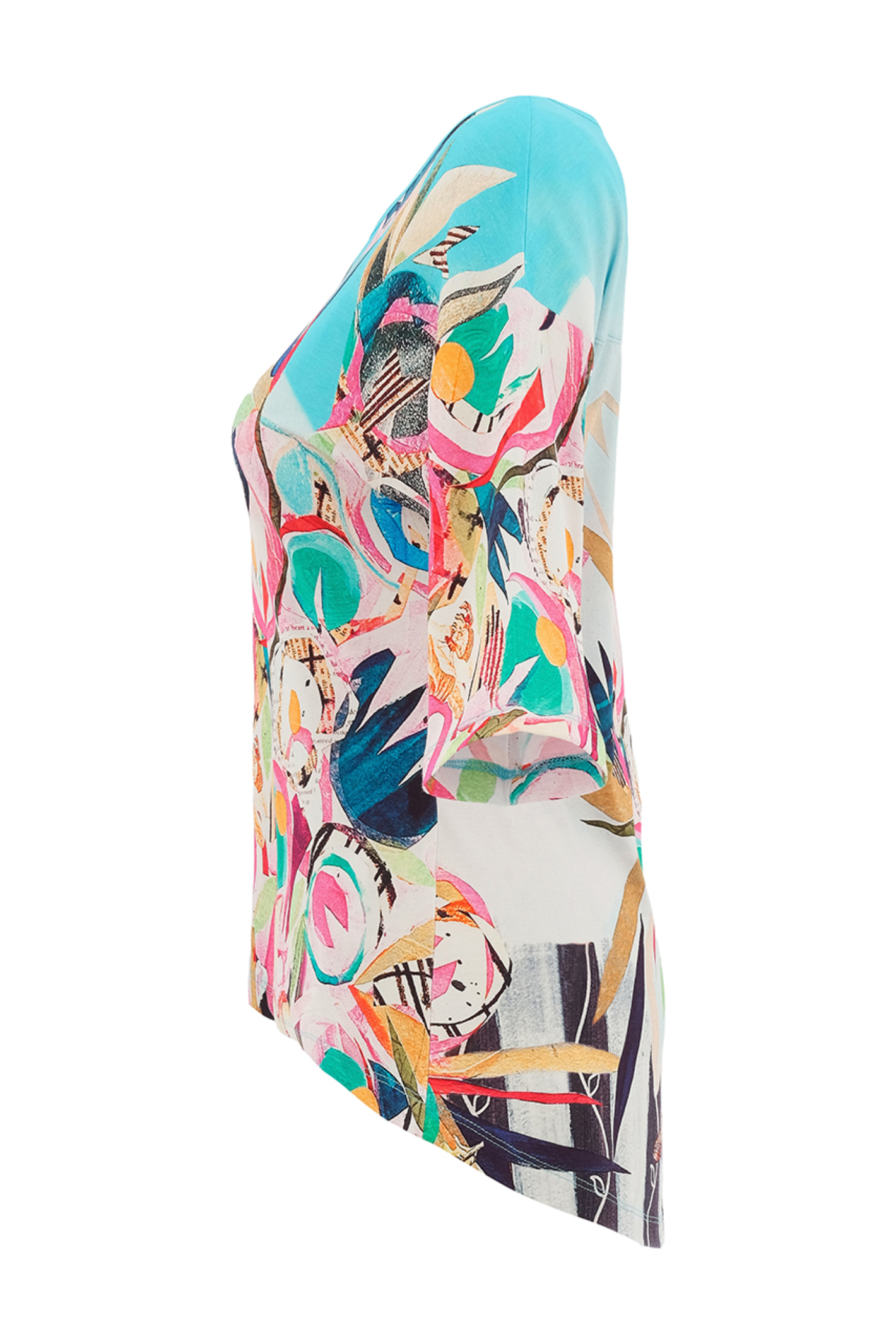 Colourful floral top by Dolcezza made from a soft cotton-stretch fabric. Relaxed fit with a flattering dipped hem, perfect for everyday wear. Shop at Dotique.