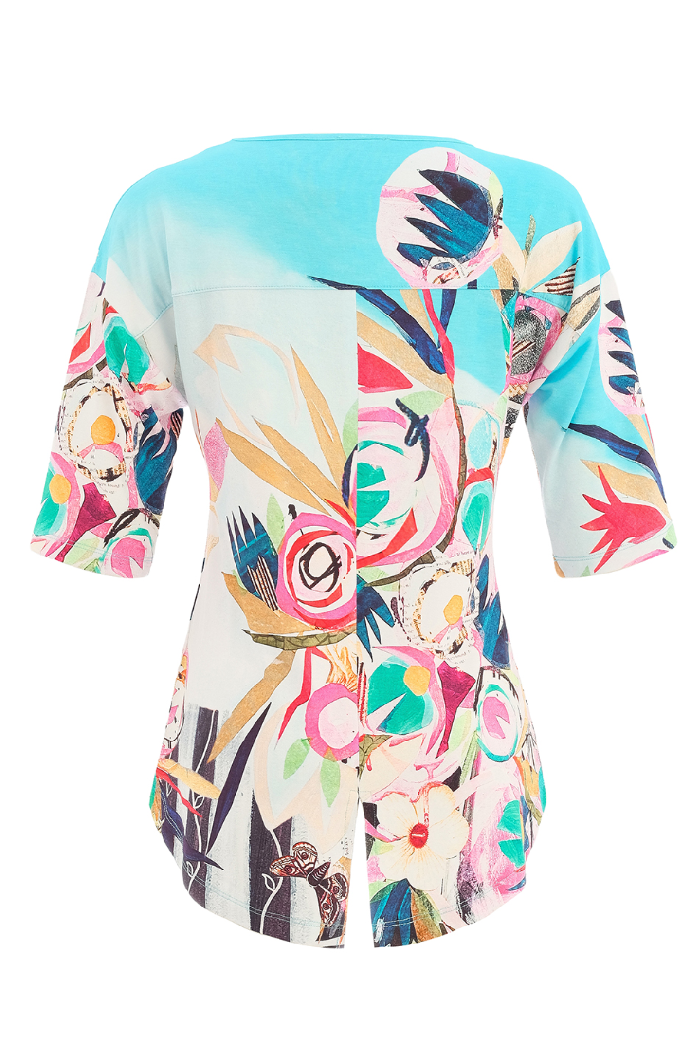 Colourful floral top by Dolcezza made from a soft cotton-stretch fabric. Relaxed fit with a flattering dipped hem, perfect for everyday wear. Shop at Dotique.