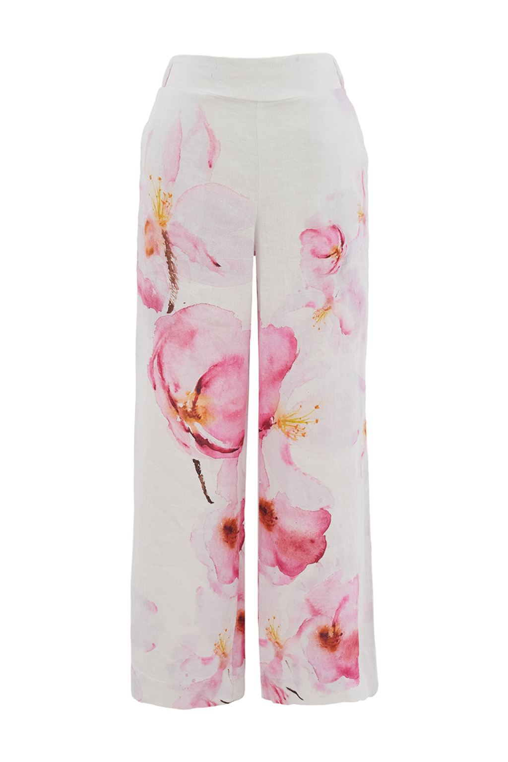 Pink floral linen trousers by Dolcezza made from 100% linen. Lightweight, breathable and easy to wear for warm days. Shop online at Dotique.