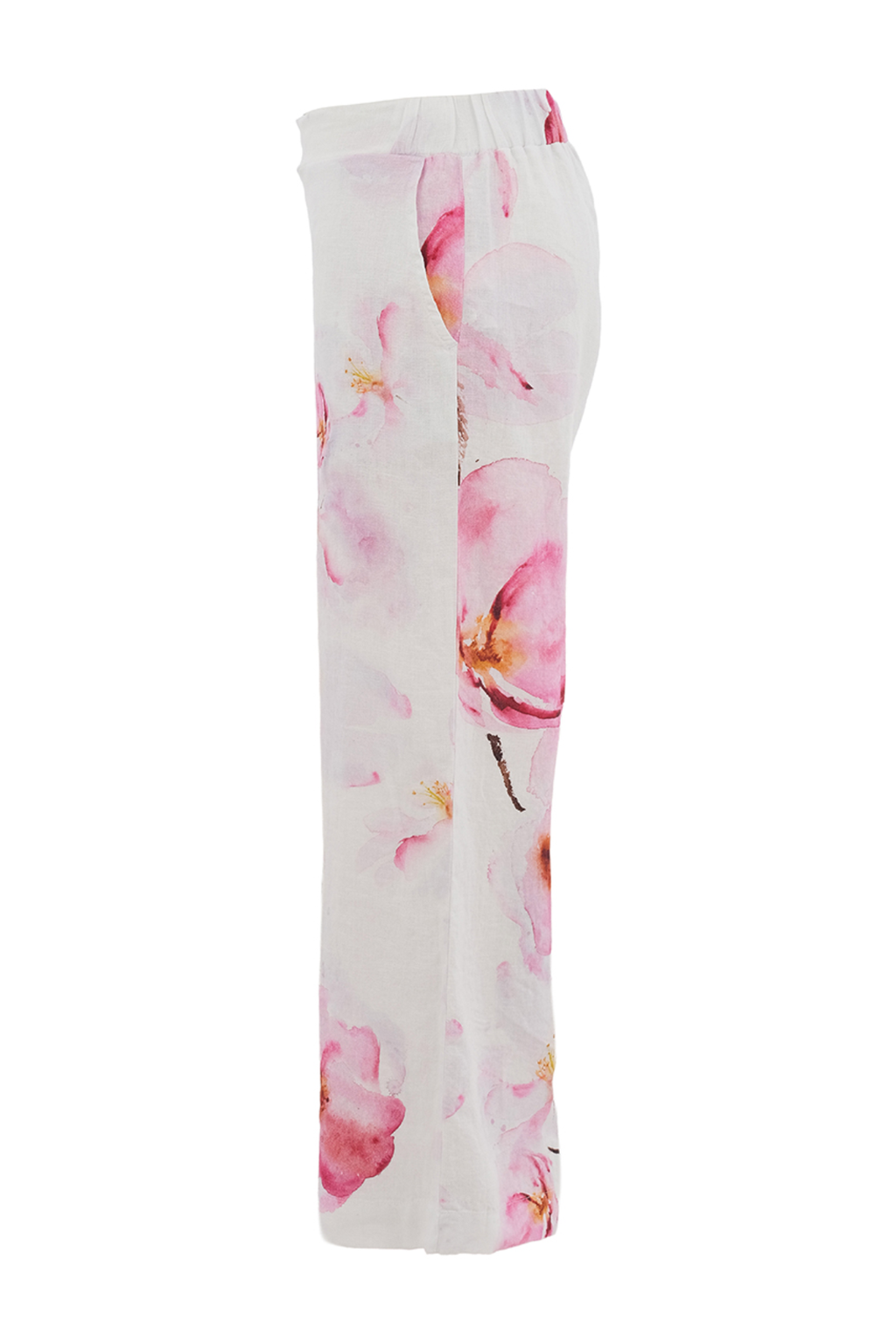 Pink floral linen trousers by Dolcezza made from 100% linen. Lightweight, breathable and easy to wear for warm days. Shop online at Dotique.
