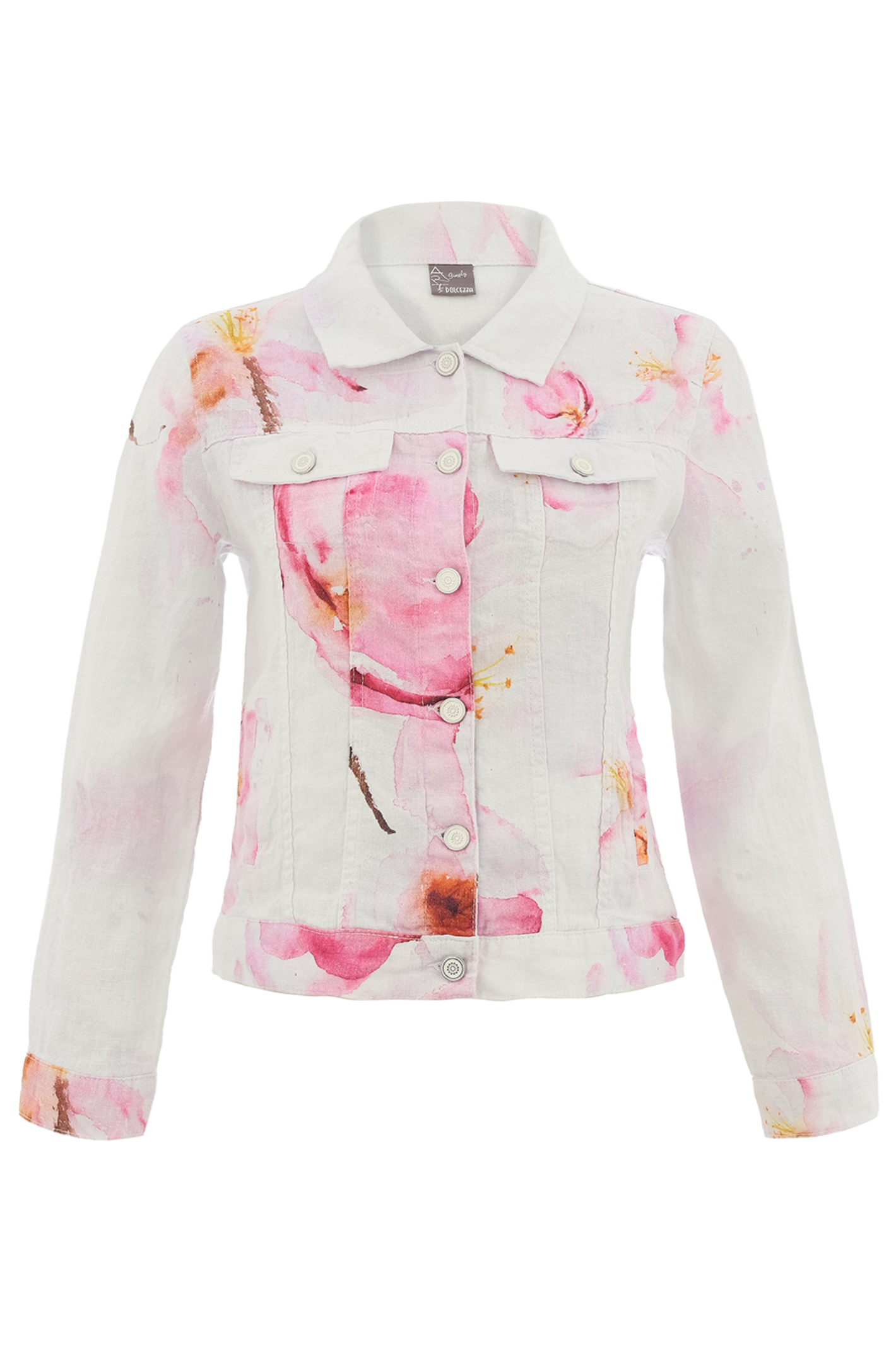 Pink floral linen jacket by Dolcezza made from 100% linen. Lightweight, breathable and perfect for layering on warm days. Shop online at Dotique.