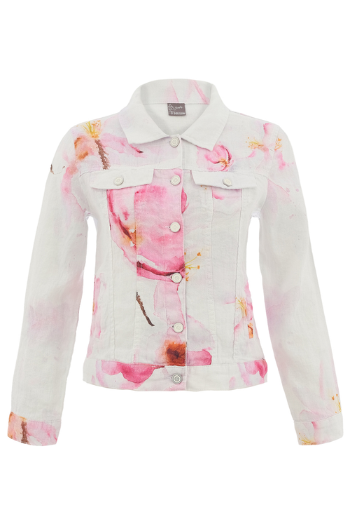 Pink floral linen jacket by Dolcezza made from 100% linen. Lightweight, breathable and perfect for layering on warm days. Shop online at Dotique.
