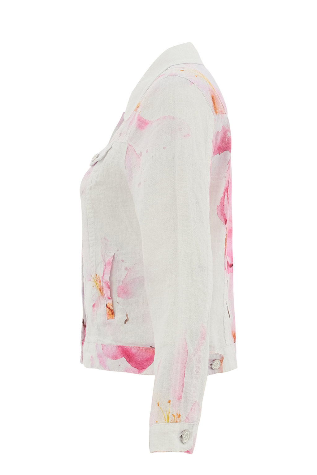 Pink floral linen jacket by Dolcezza made from 100% linen. Lightweight, breathable and perfect for layering on warm days. Shop online at Dotique.