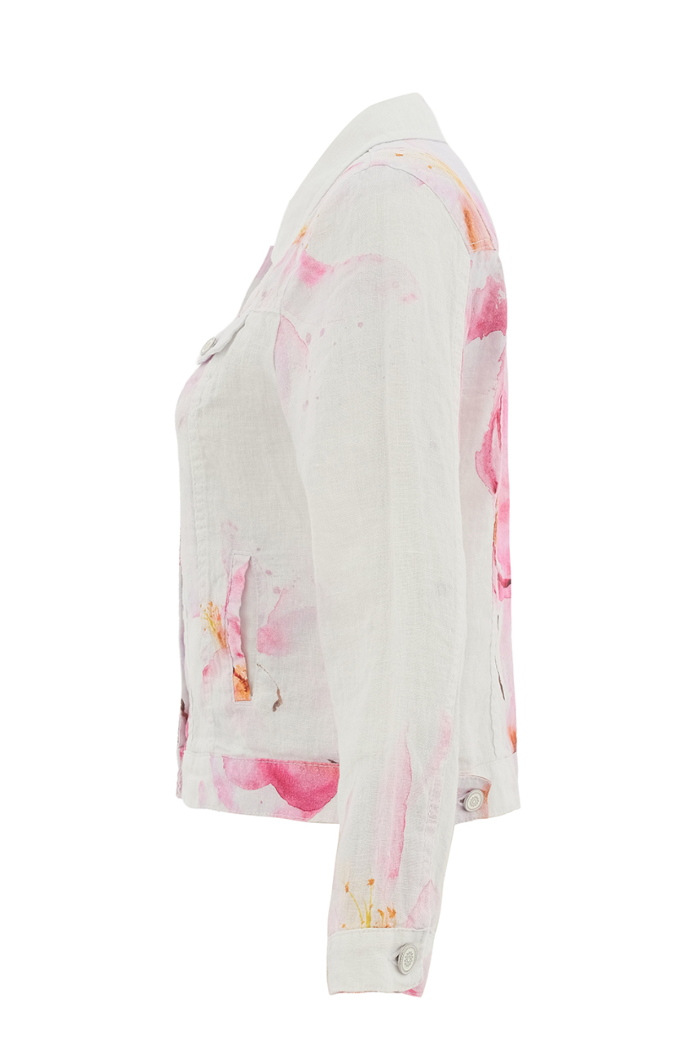 Pink floral linen jacket by Dolcezza made from 100% linen. Lightweight, breathable and perfect for layering on warm days. Shop online at Dotique.