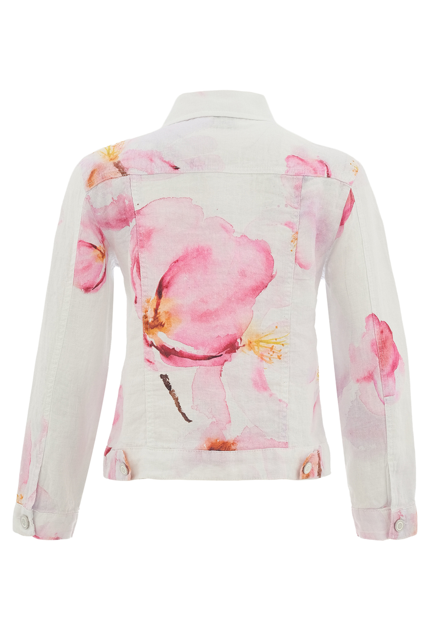 Pink floral linen jacket by Dolcezza made from 100% linen. Lightweight, breathable and perfect for layering on warm days. Shop online at Dotique.
