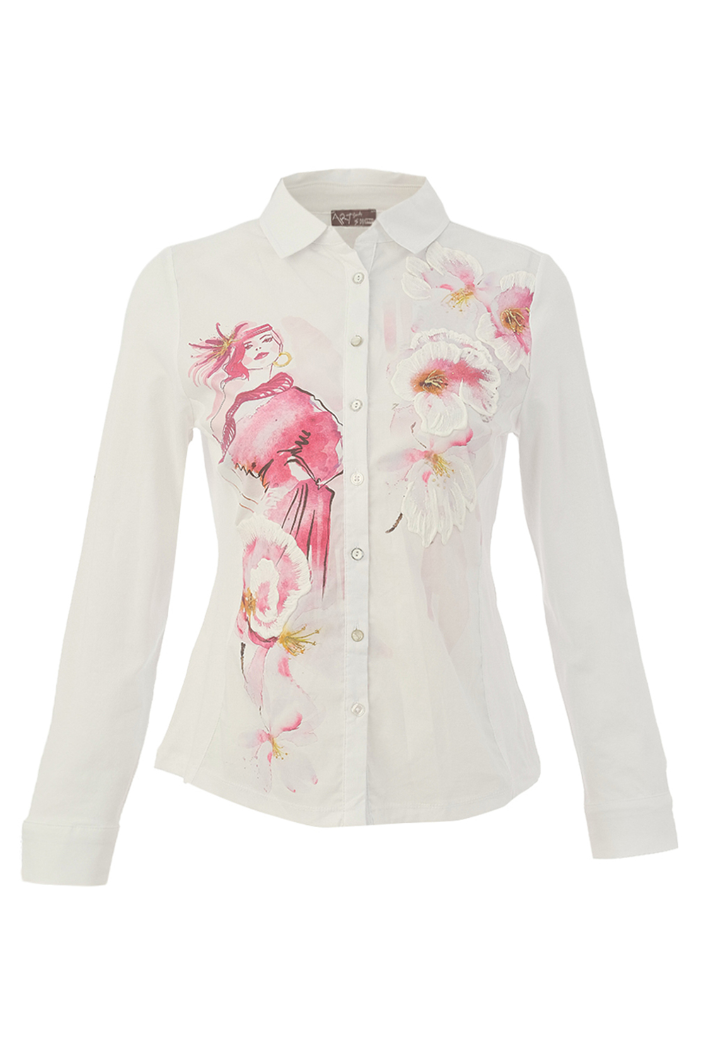 Pink floral print blouse by Dolcezza in a soft cotton-stretch fabric. Button-through with long sleeves, perfect for everyday wear. Shop online at Dotique.