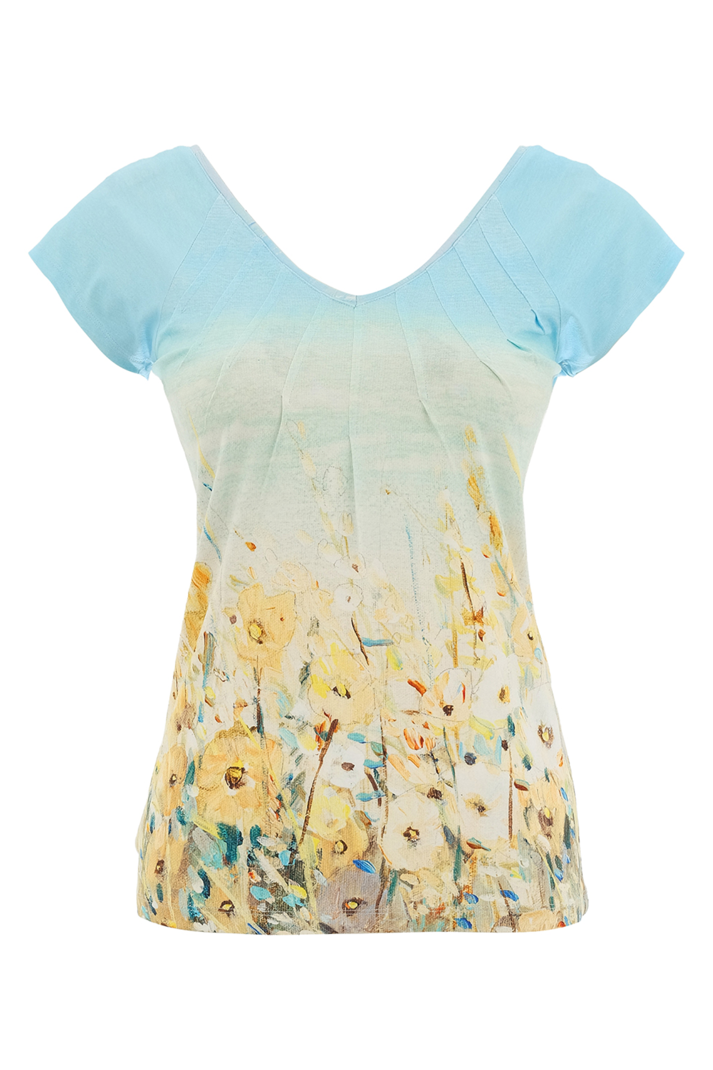 Soft blue meadow print T-shirt by Dolcezza in a comfortable viscose-stretch fabric. Flattering V-neck and easy everyday fit. Shop at Dotique.