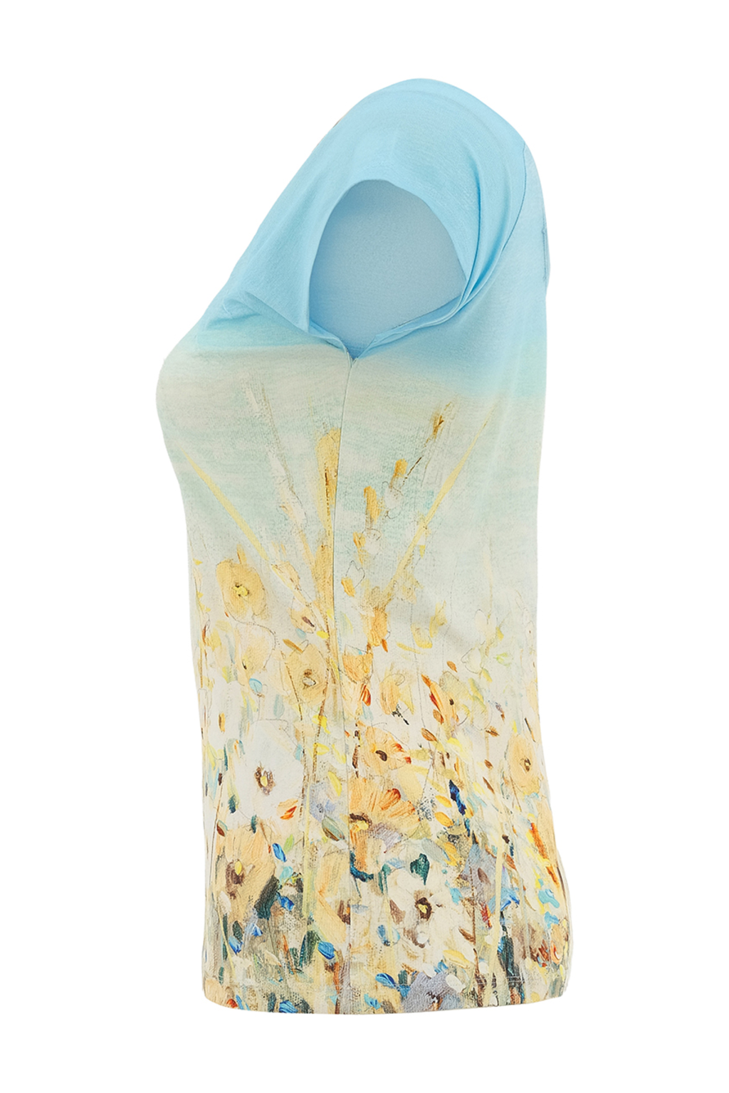 Soft blue meadow print T-shirt by Dolcezza in a comfortable viscose-stretch fabric. Flattering V-neck and easy everyday fit. Shop at Dotique.