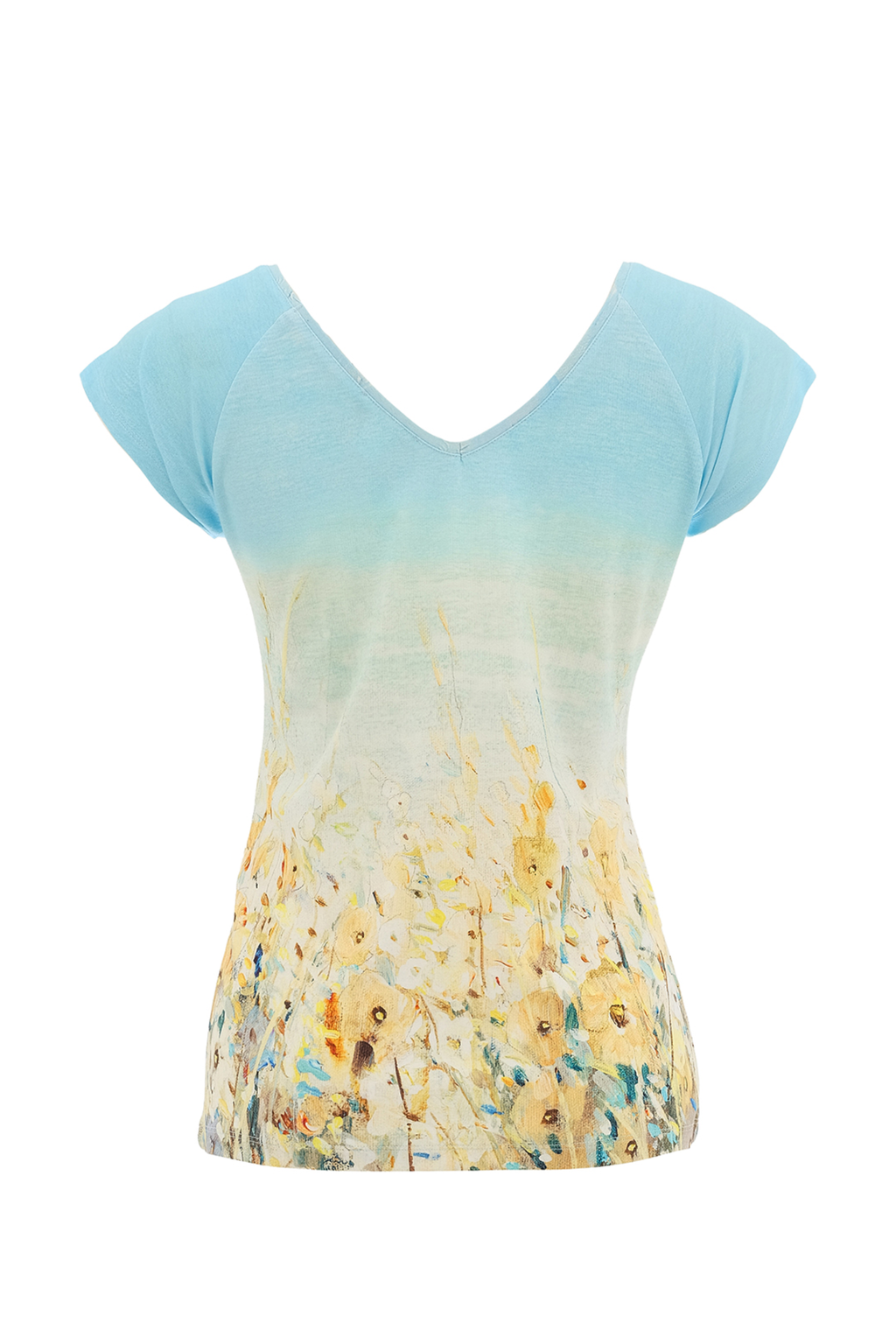 Soft blue meadow print T-shirt by Dolcezza in a comfortable viscose-stretch fabric. Flattering V-neck and easy everyday fit. Shop at Dotique.