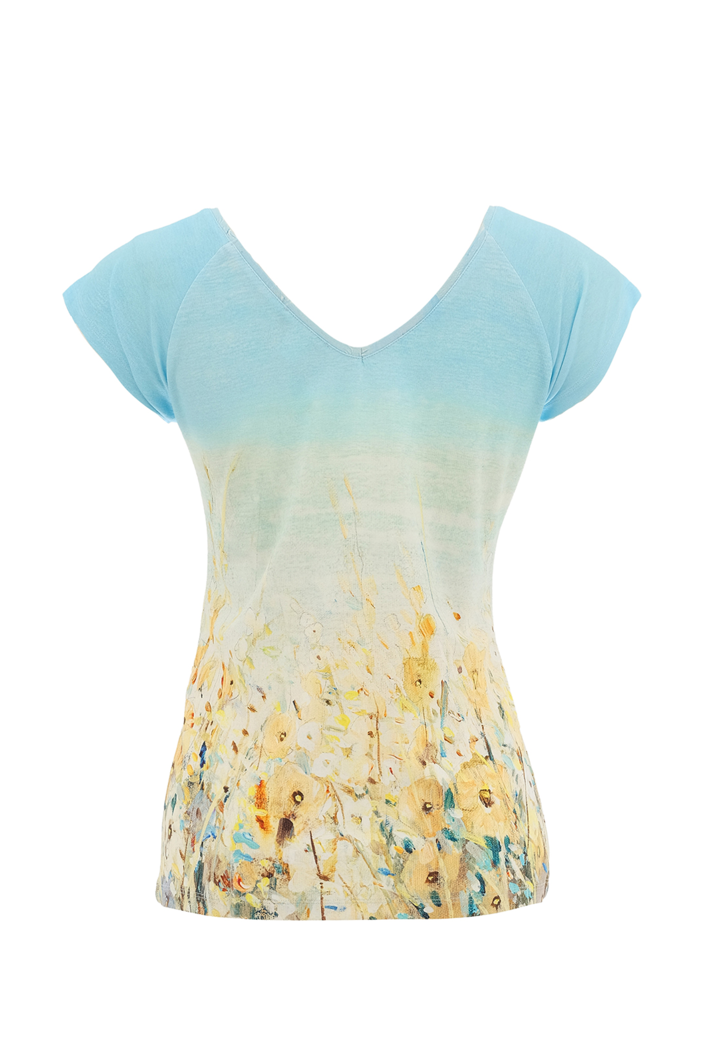 Soft blue meadow print T-shirt by Dolcezza in a comfortable viscose-stretch fabric. Flattering V-neck and easy everyday fit. Shop at Dotique.