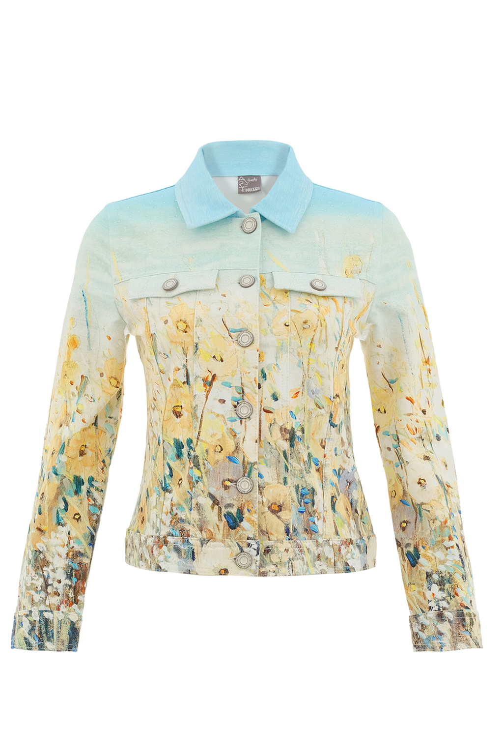 Meadow print stretch jacket by Dolcezza with a soft cotton blend and comfortable fit. Perfect for layering with jeans or dresses. Shop at Dotique.