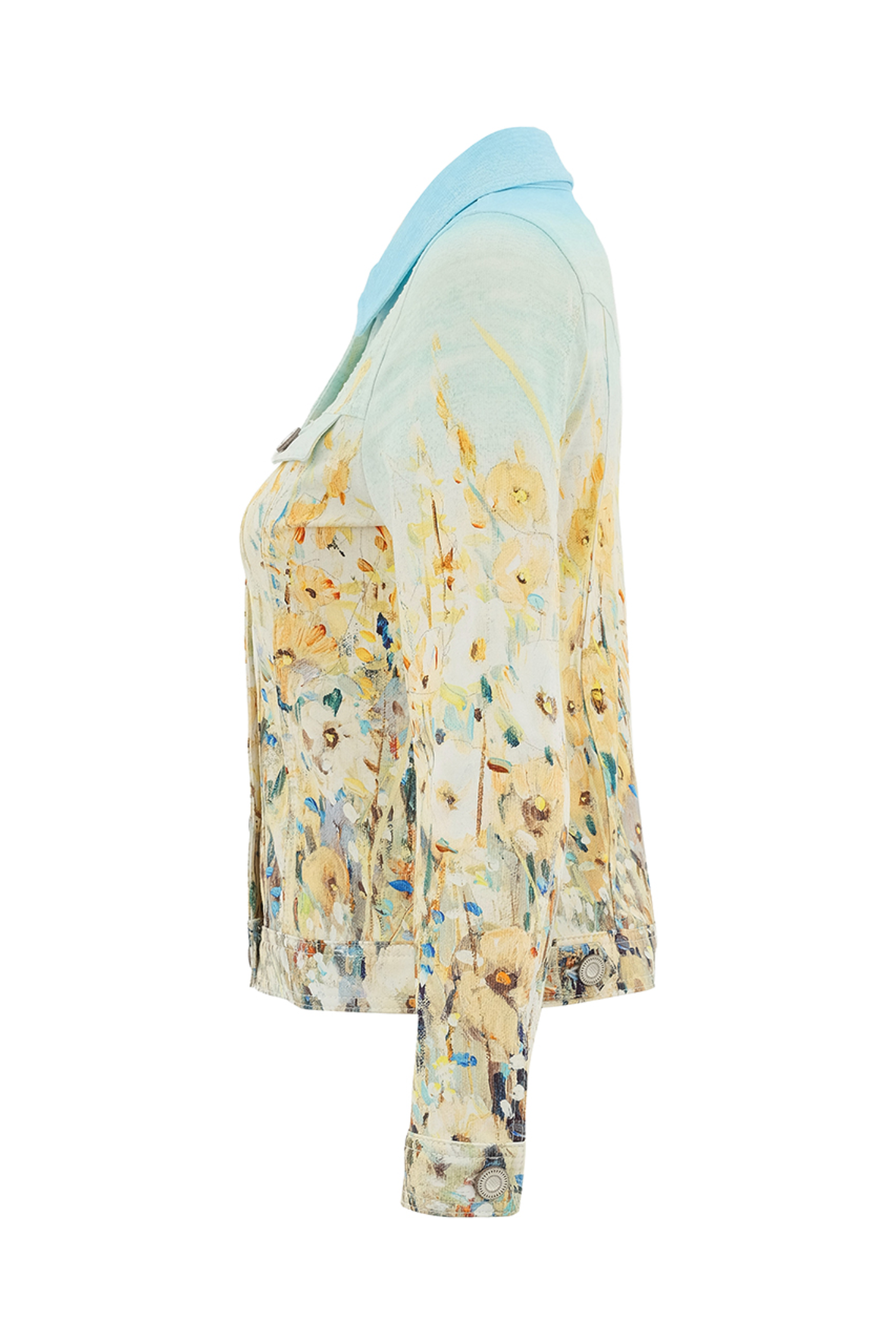 Meadow print stretch jacket by Dolcezza with a soft cotton blend and comfortable fit. Perfect for layering with jeans or dresses. Shop at Dotique.