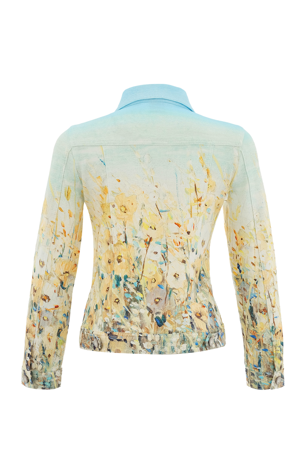 Meadow print stretch jacket by Dolcezza with a soft cotton blend and comfortable fit. Perfect for layering with jeans or dresses. Shop at Dotique.