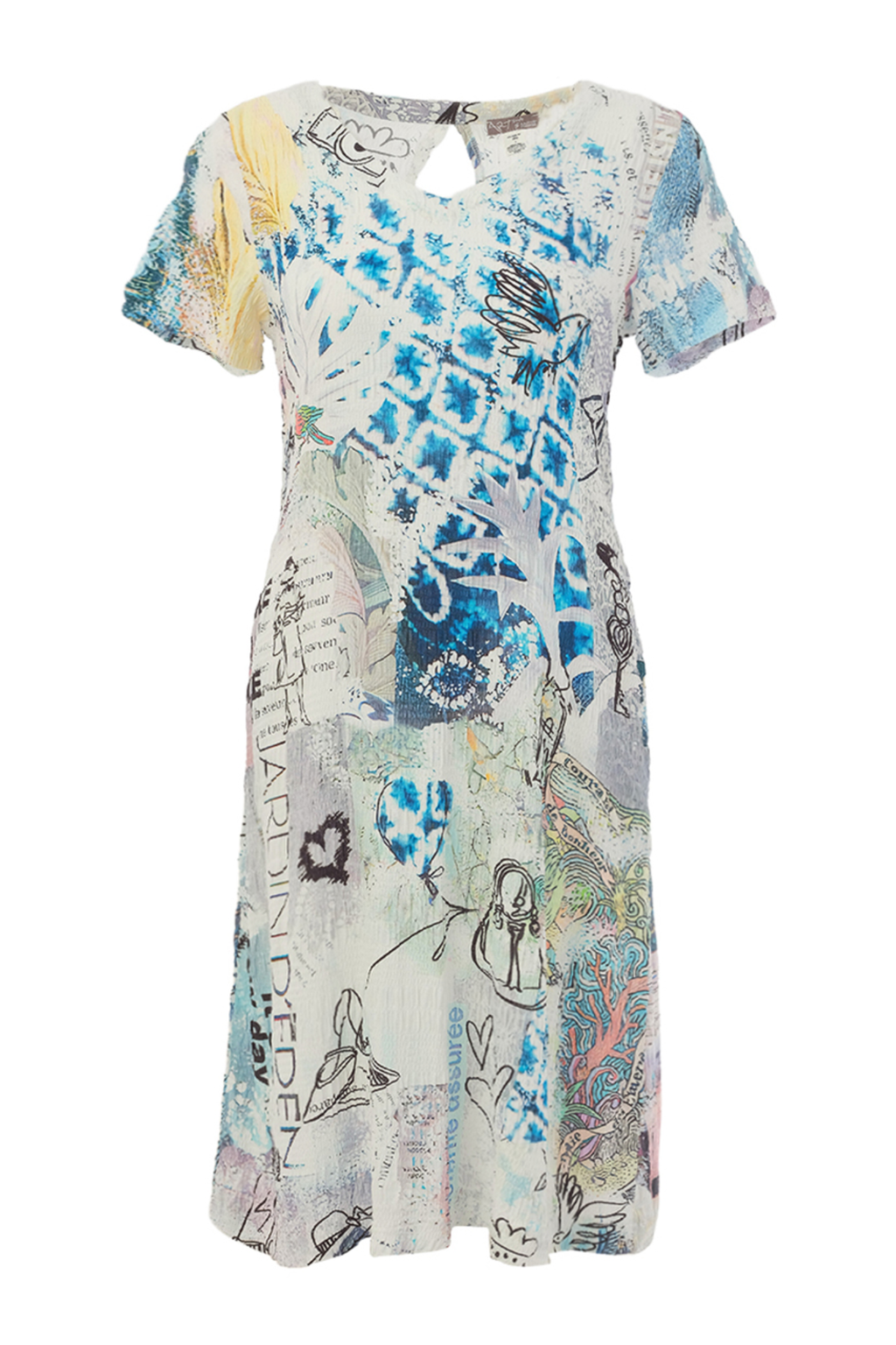 Abstract print midi dress by Dolcezza in a soft viscose-stretch fabric. Lightweight, flattering and easy to wear for day or evening. Shop at Dotique.