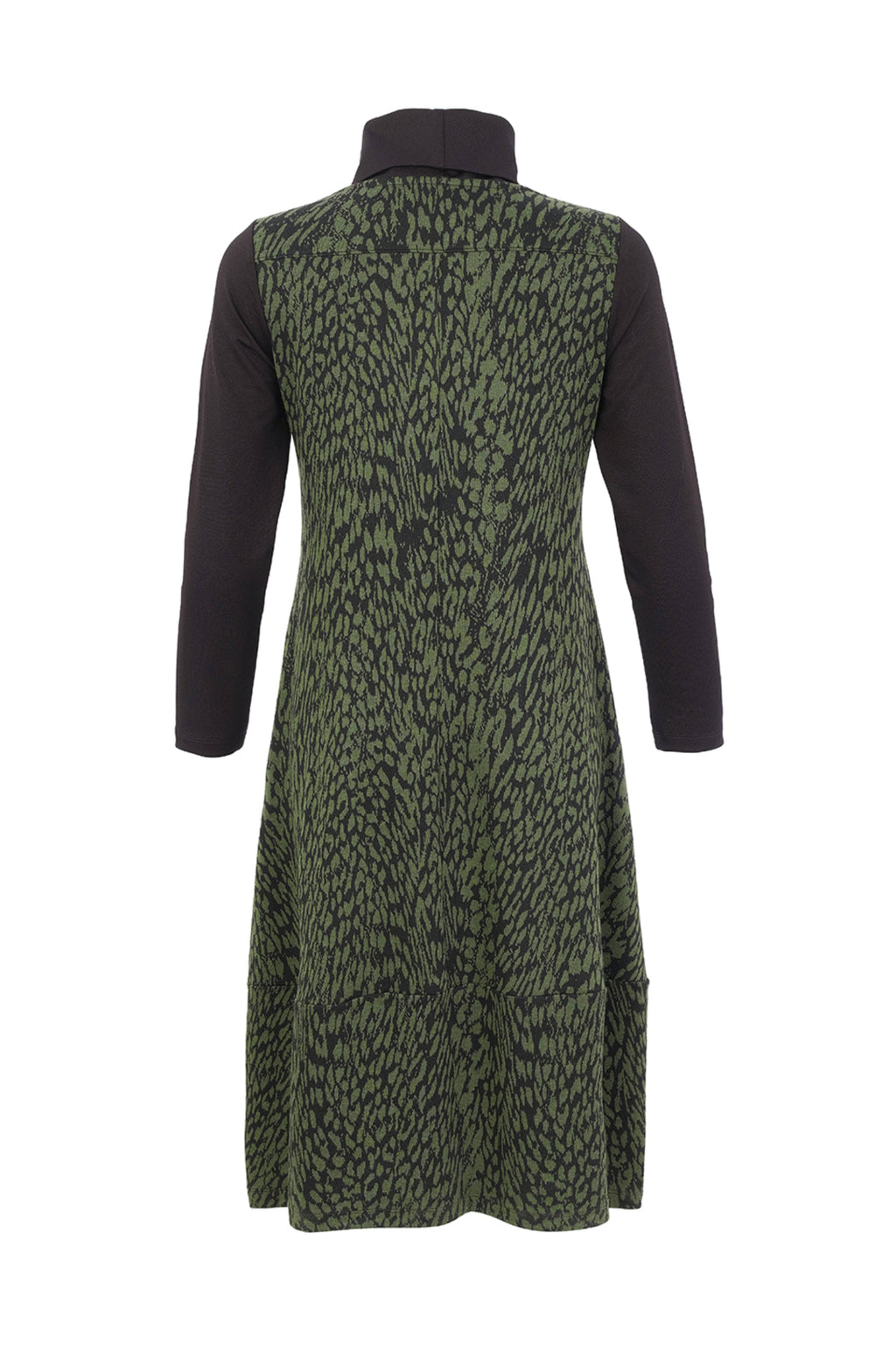 Dotique Dolcezza 76114 assorted abstract print knit dress with a roll neckline, contrast black sleeves and front patch pockets.