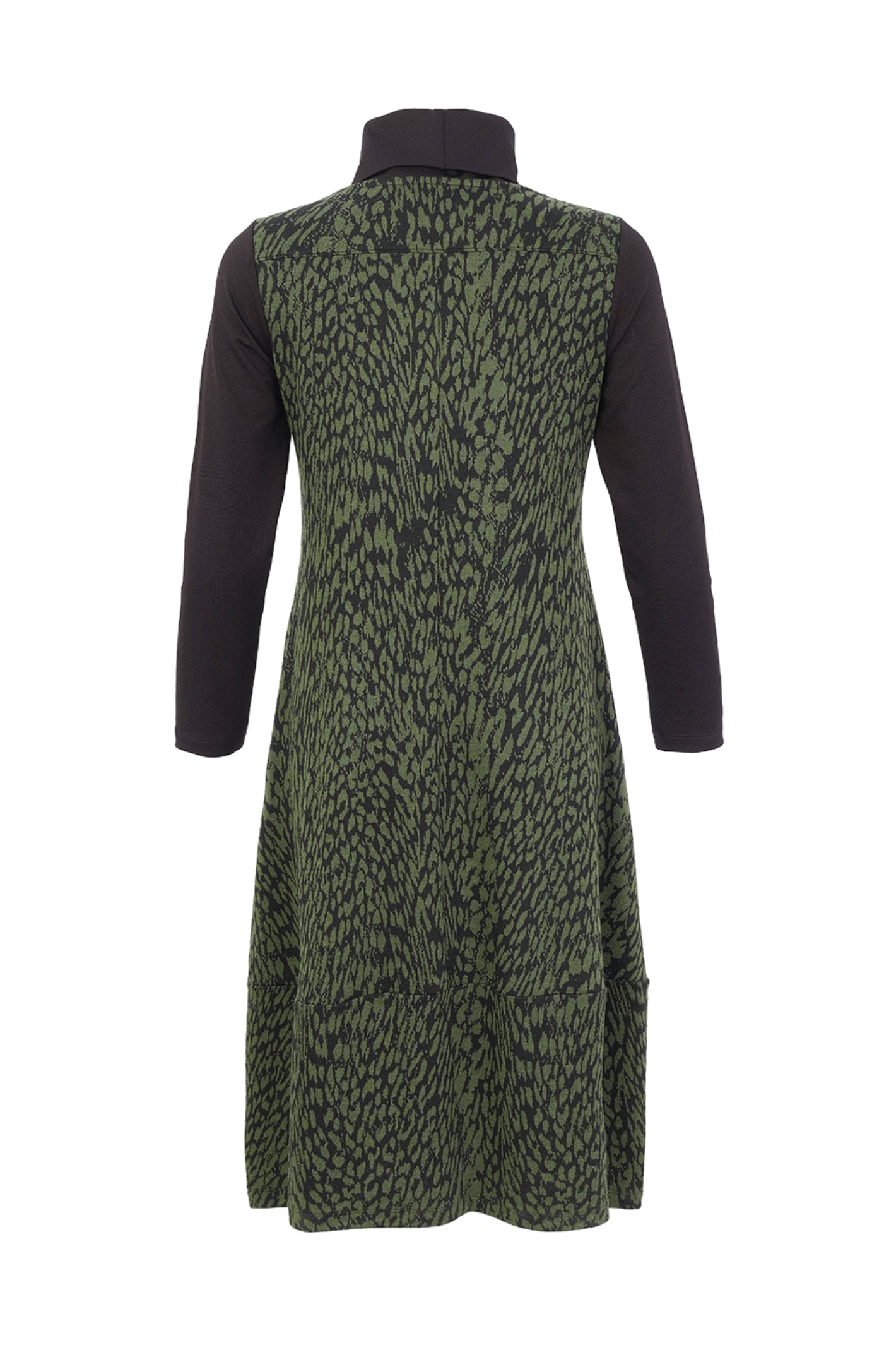 Dotique Dolcezza 76114 assorted abstract print knit dress with a roll neckline, contrast black sleeves and front patch pockets.