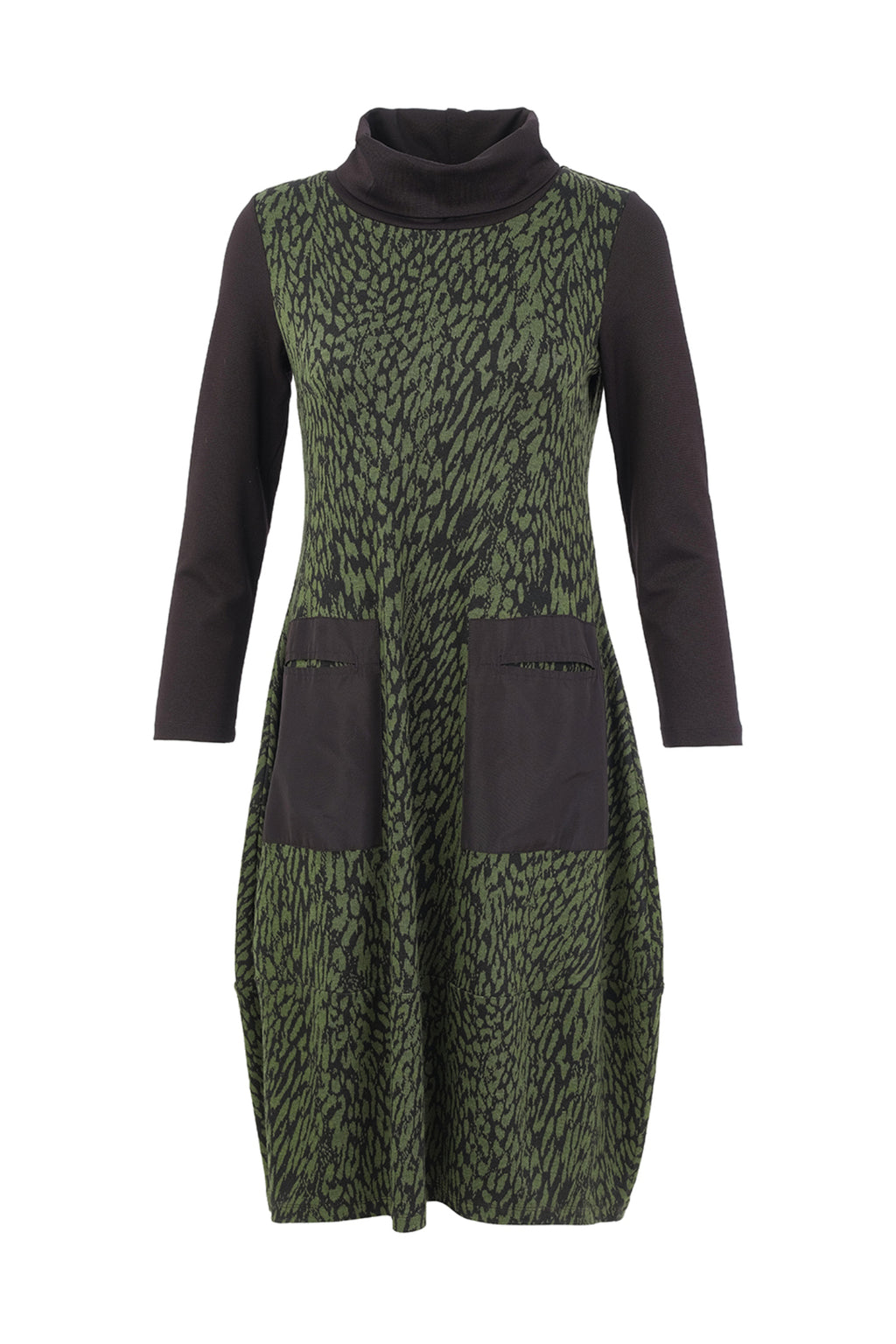 Dotique Dolcezza 76114 assorted abstract print knit dress with a roll neckline, contrast black sleeves and front patch pockets.