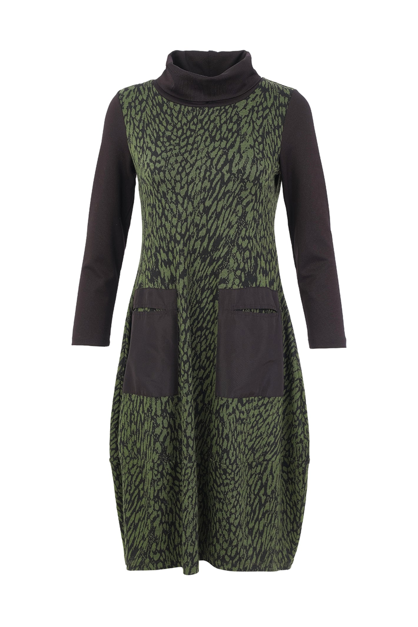 Dotique Dolcezza 76114 assorted abstract print knit dress with a roll neckline, contrast black sleeves and front patch pockets.