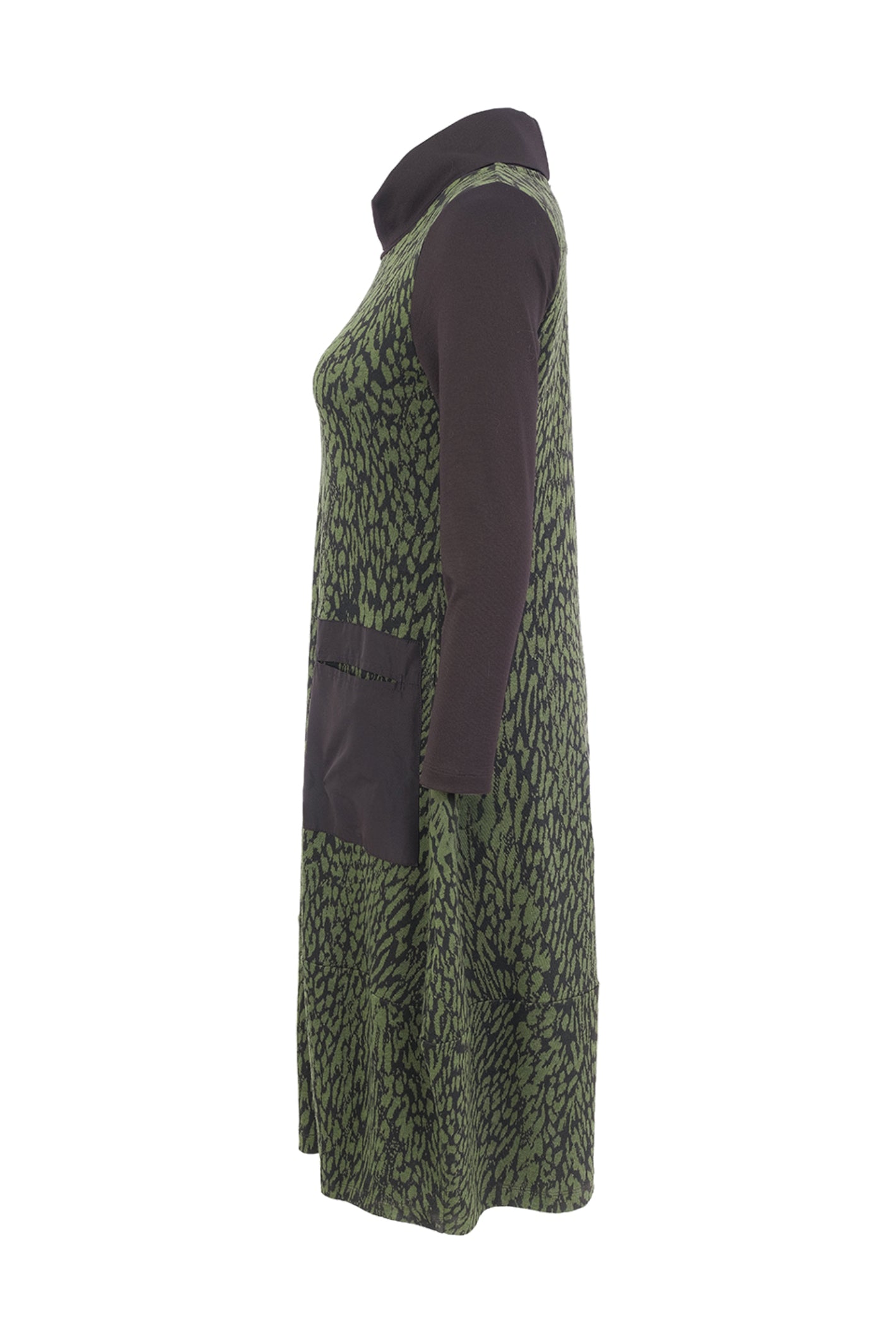 Dotique Dolcezza 76114 assorted abstract print knit dress with a roll neckline, contrast black sleeves and front patch pockets.