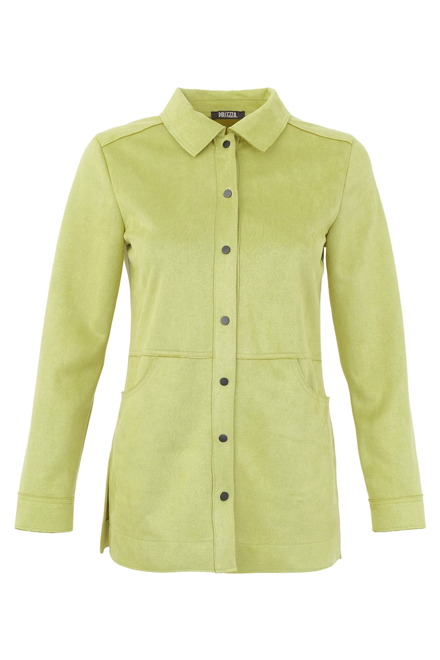 Dotique Dolcezza 76250 woven blouse in lime with a shirt collar, snap-button fastening and front pockets.