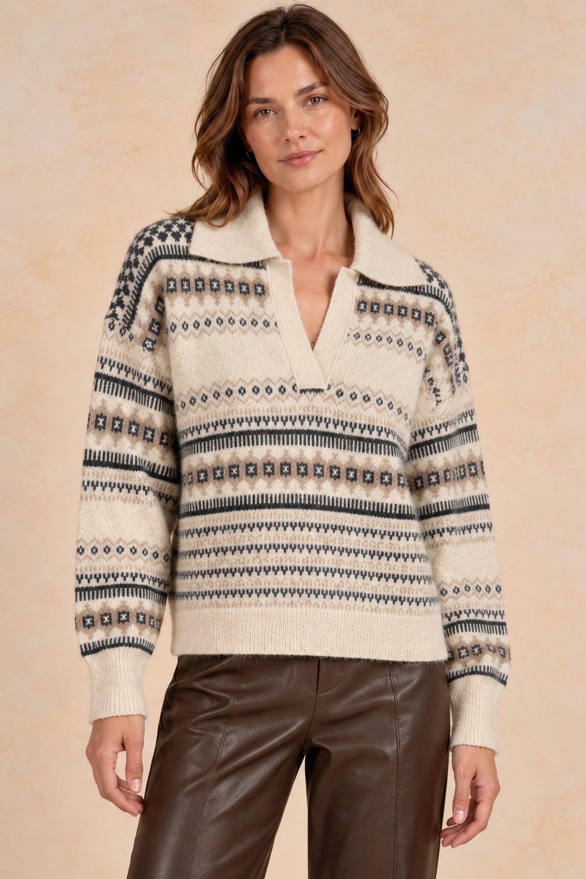 Elan SWP11733 Fair Isle V-Neck Collar Jumper in Off White – collar and knit detail on model. Shop Elan at Dotique.