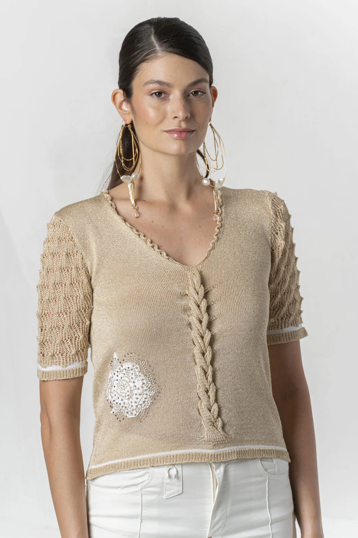 Model wearing Elisa Cavaletti Gold Lurex Knit Jumper EJP264009100 04151 by Elisa Cavaletti, shop at Dotique.