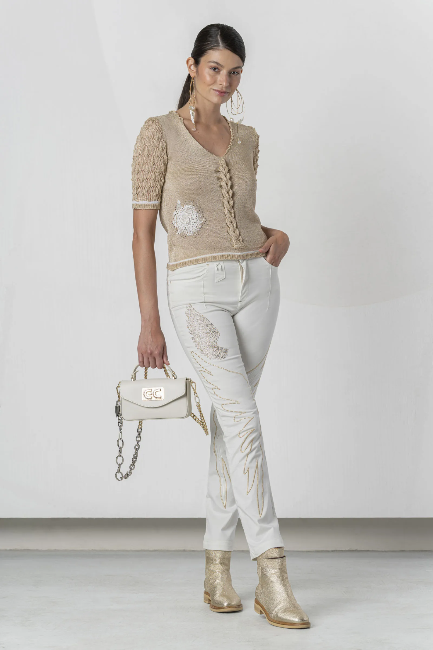Model wearing Elisa Cavaletti Gold Lurex Knit Jumper EJP264009100 04151 by Elisa Cavaletti Shop Elisa Cavaletti at Dotique