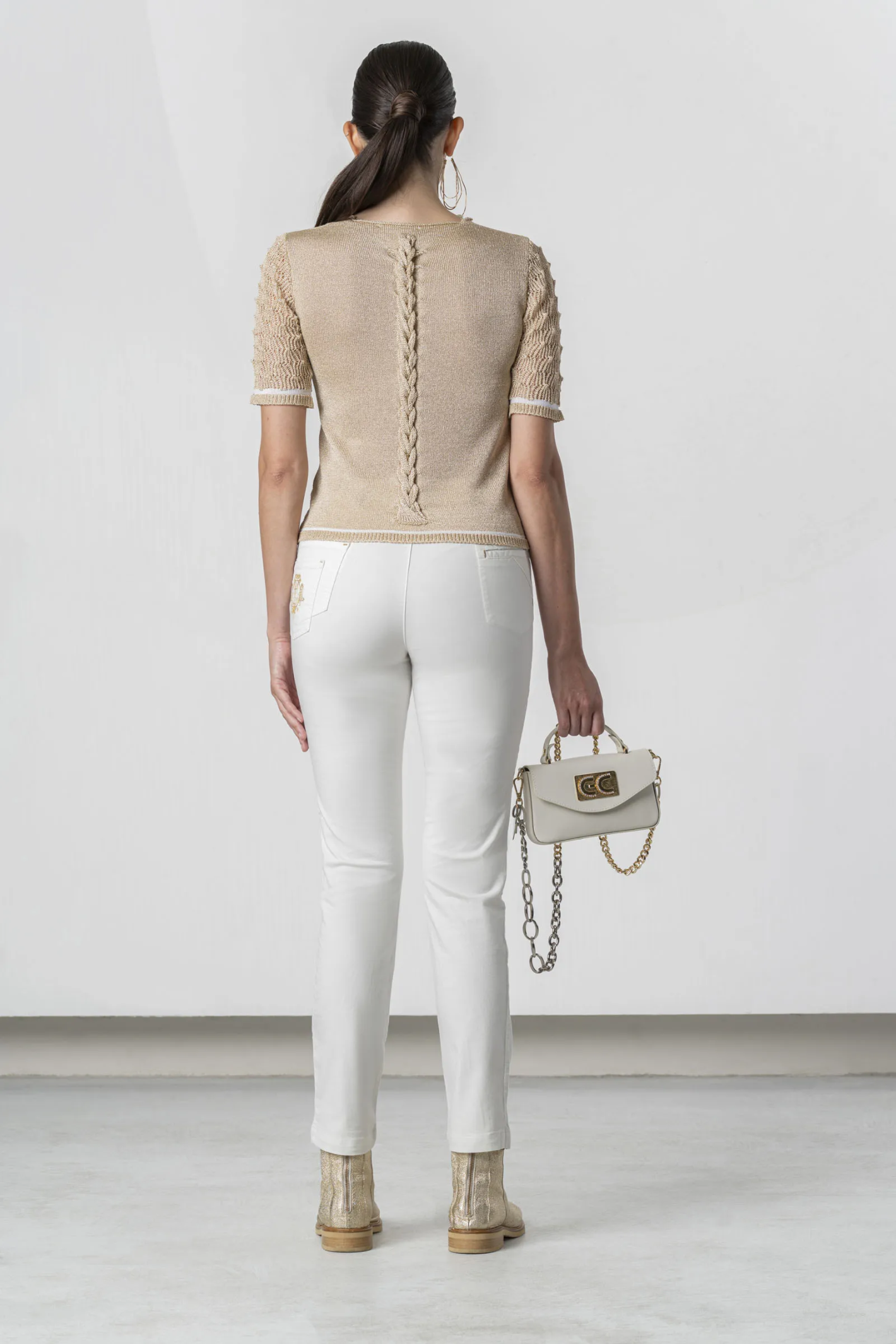 Woman wearing Elisa Cavaletti Gold Lurex Knit Jumper EJP264009100 04151 by Elisa Cavaletti. Shop Elisa Cavaletti at Dotique.