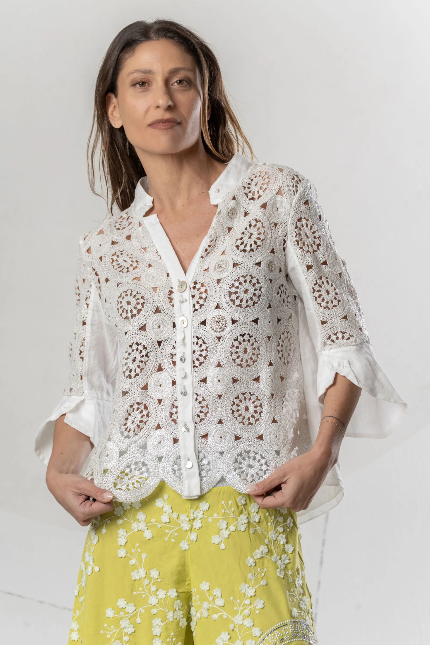 Elisa Cavaletti White Lace Blouse Silver Detail Cotton Linen Embellished Shirt ELP261018104 03149