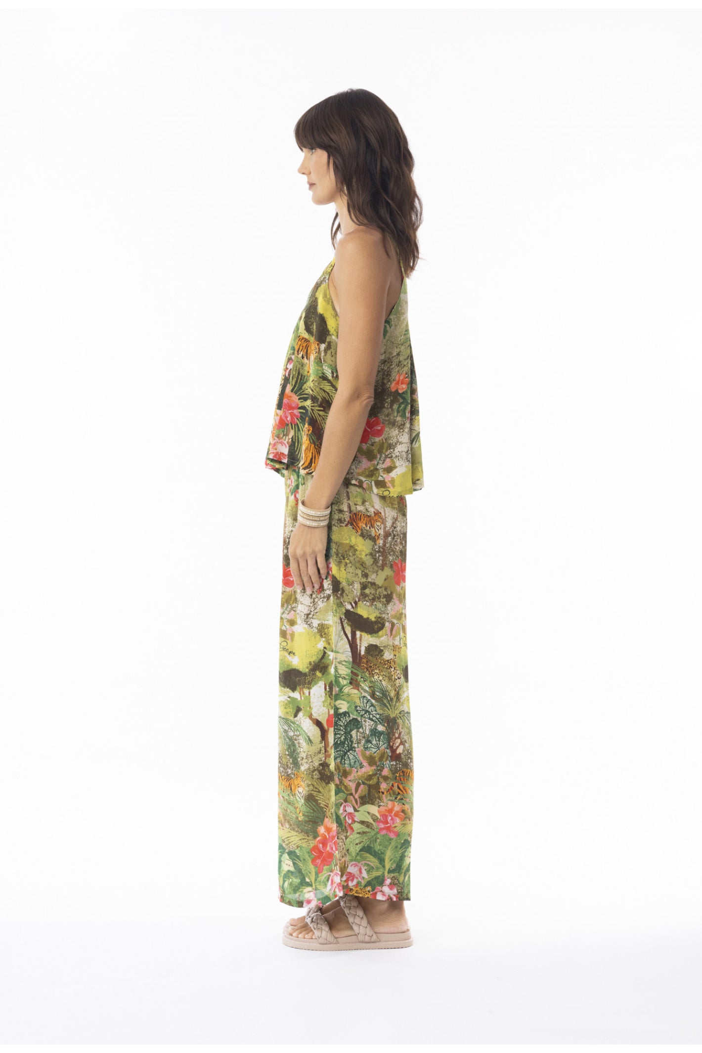 Side view of Escape 16003 Cecilia Print Wide Leg Trousers by Escape modeled, shop Escape at Dotique