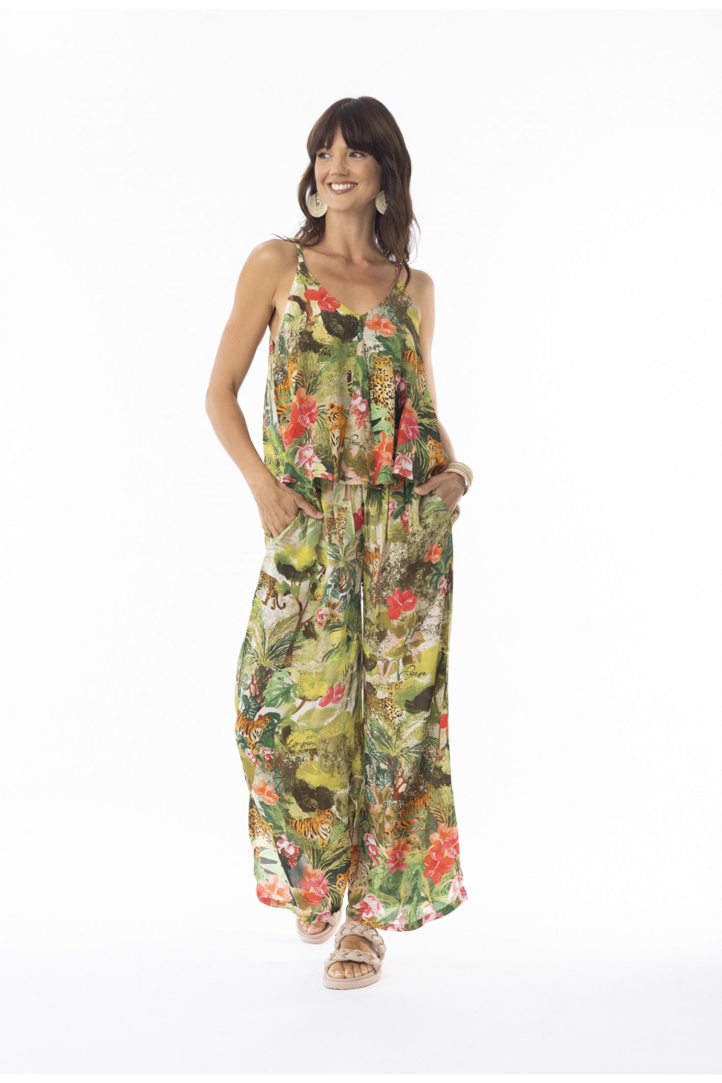 Woman smiling wearing Escape 16003 Cecilia Print Wide Leg Trousers by Escape Shop Escape at Dotique