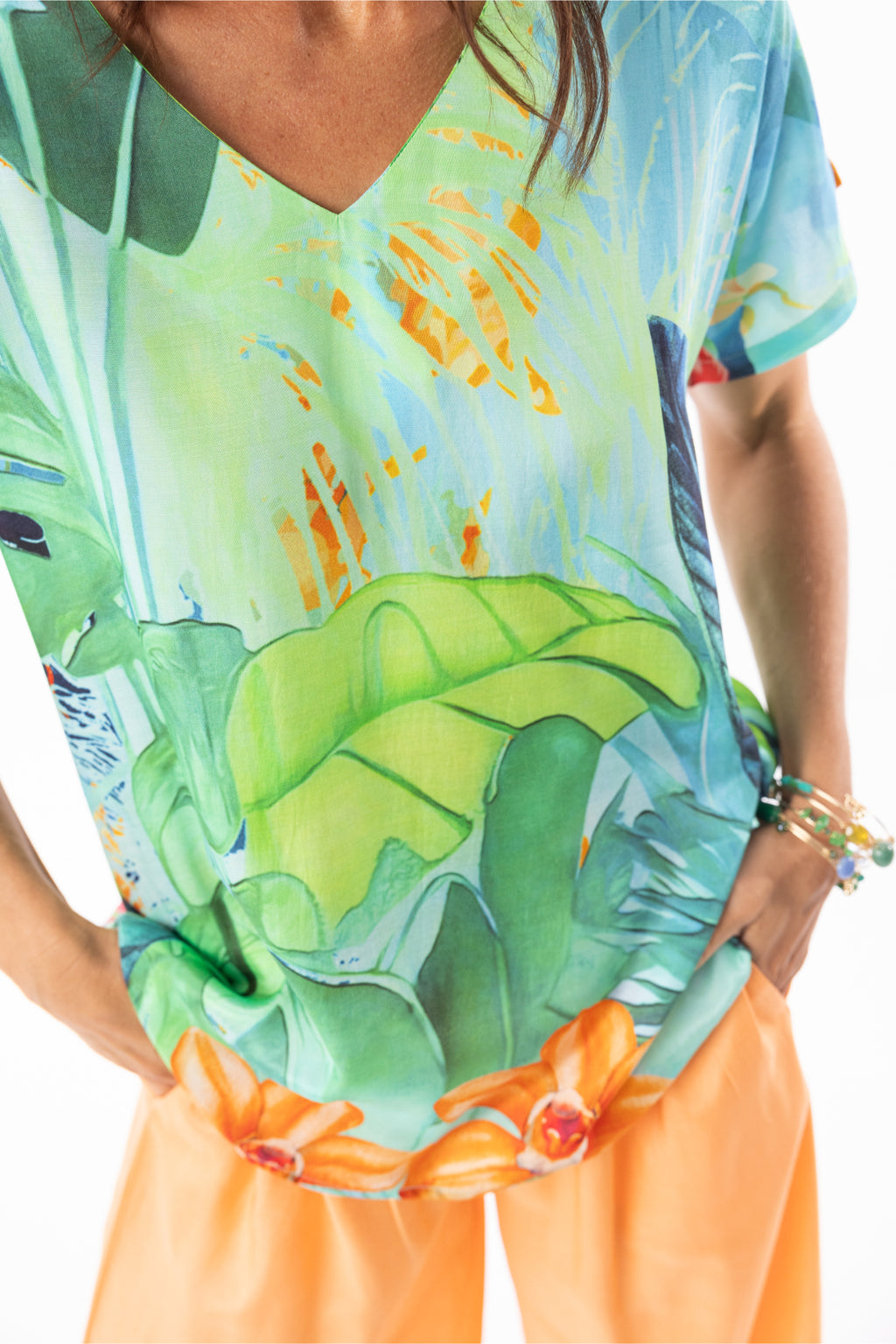 Close-up of colorful tropical print on Escape 72541 Evelin Top Print by Escape Shop Escape styles at Dotique
