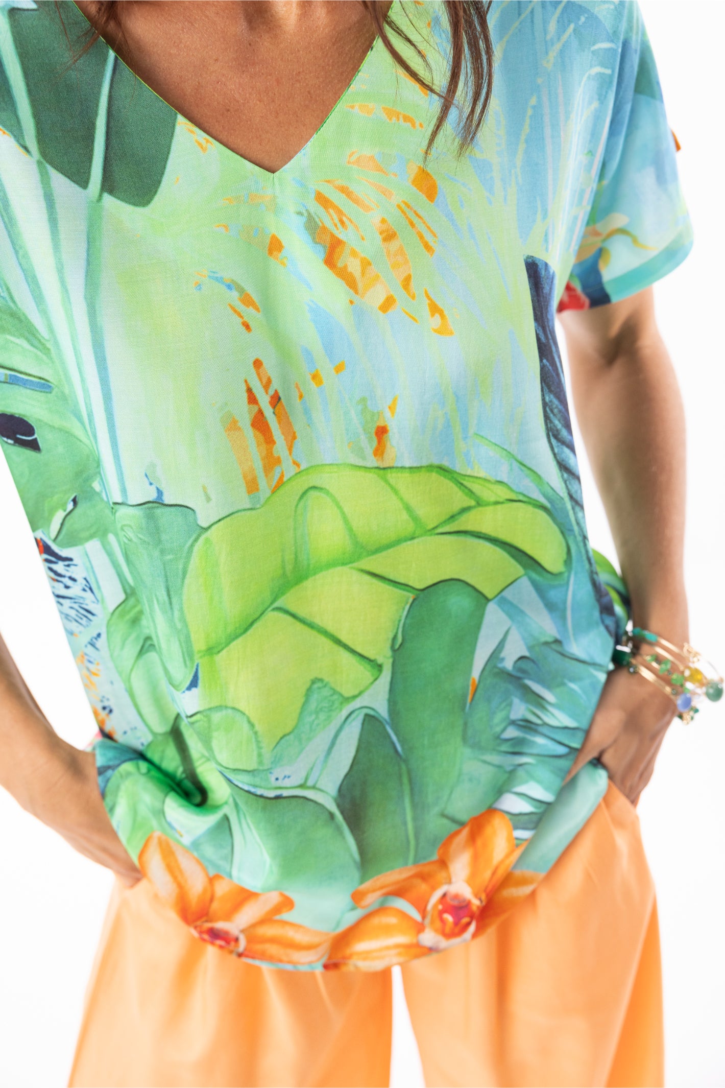 Close-up of colorful tropical print on Escape 72541 Evelin Top Print by Escape Shop Escape styles at Dotique