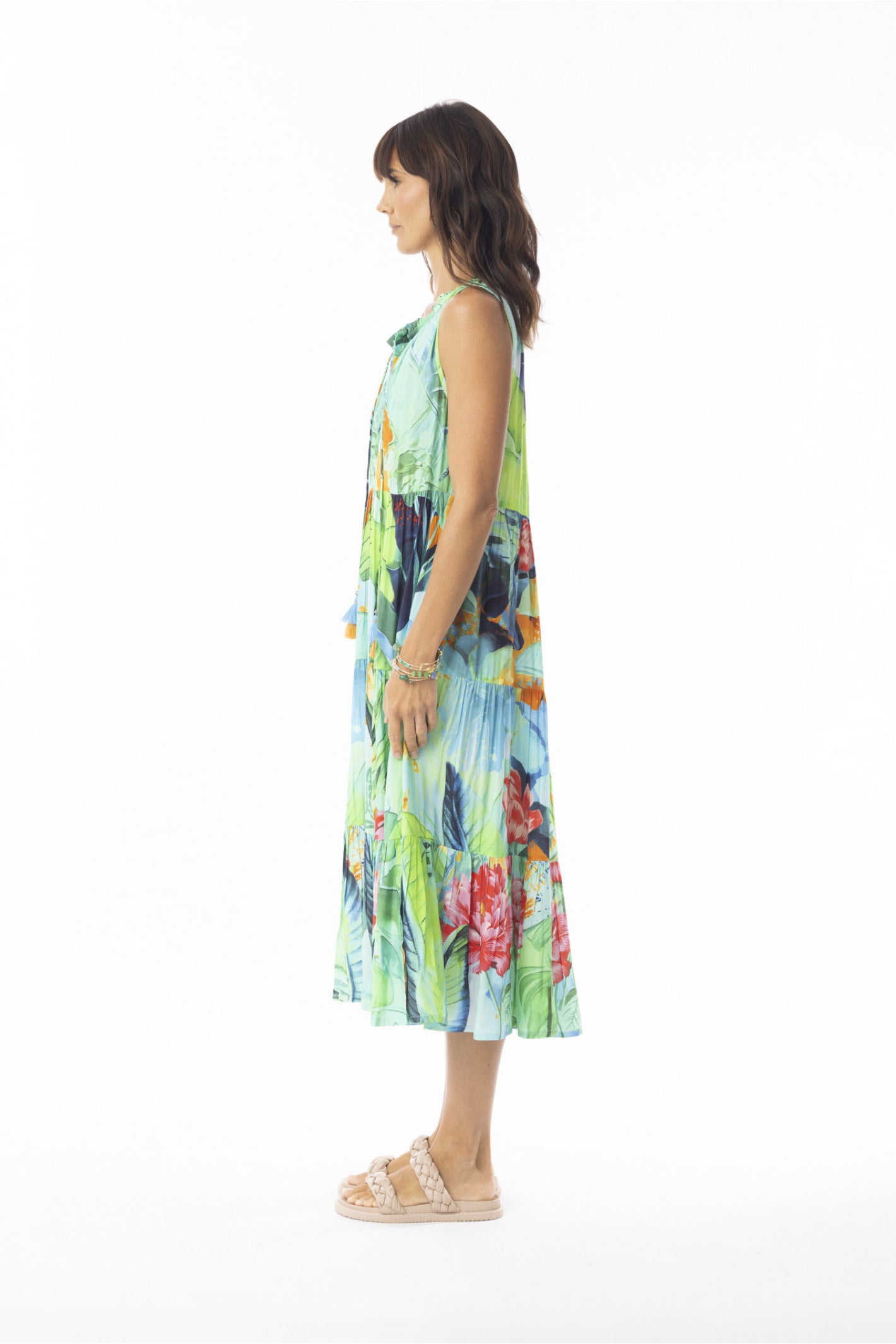 Woman wearing Escape 71571 Evelin Sleeveless Tie Midi Dress Botanical Print by Escape, shop Escape at Dotique.