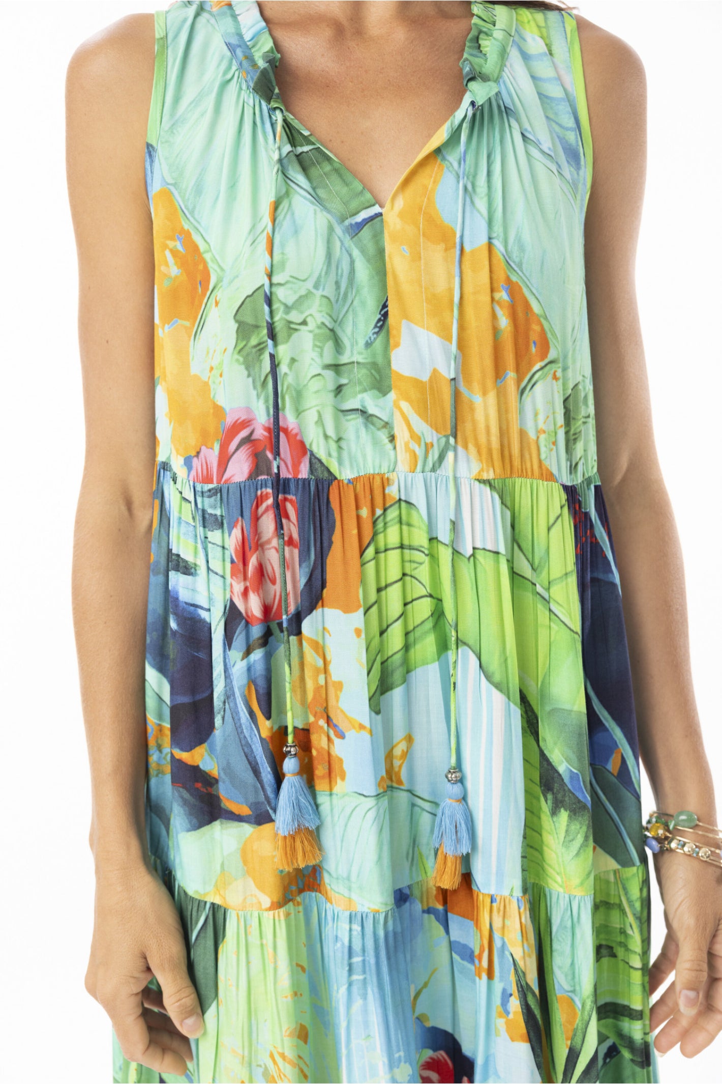 Close-up of Escape 71571 Evelin Sleeveless Tie Midi Dress Botanical Print by Escape with colorful botanical pattern, shop Escape at Dotique.